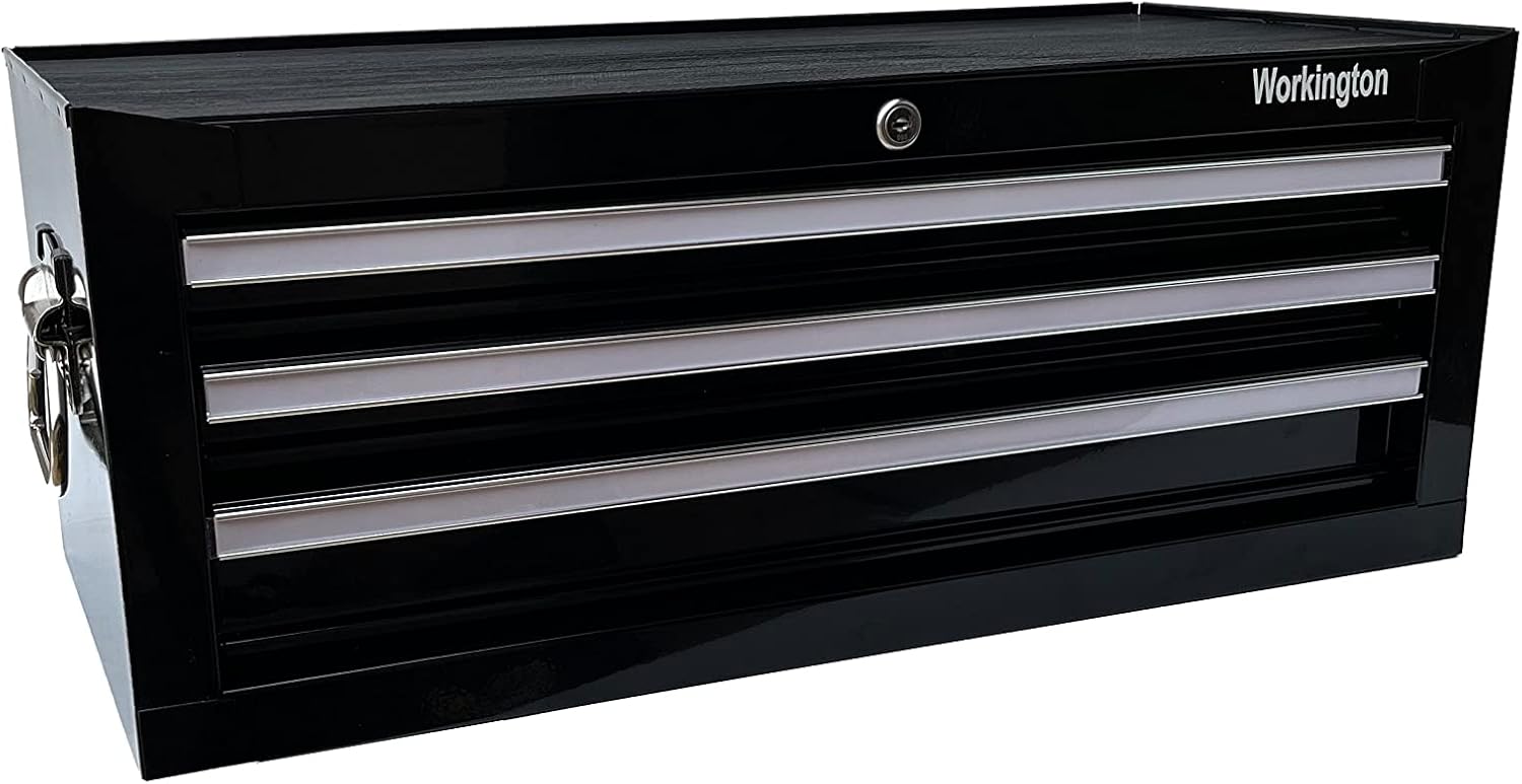 Workington Industrial 3 Drawers Portable Metal Intermediate Box, 26' Middle Tool Chest Cabinet with Ball Bearing Drawer Slides, Steel Tool Storage Box Organizer 4009 Black
