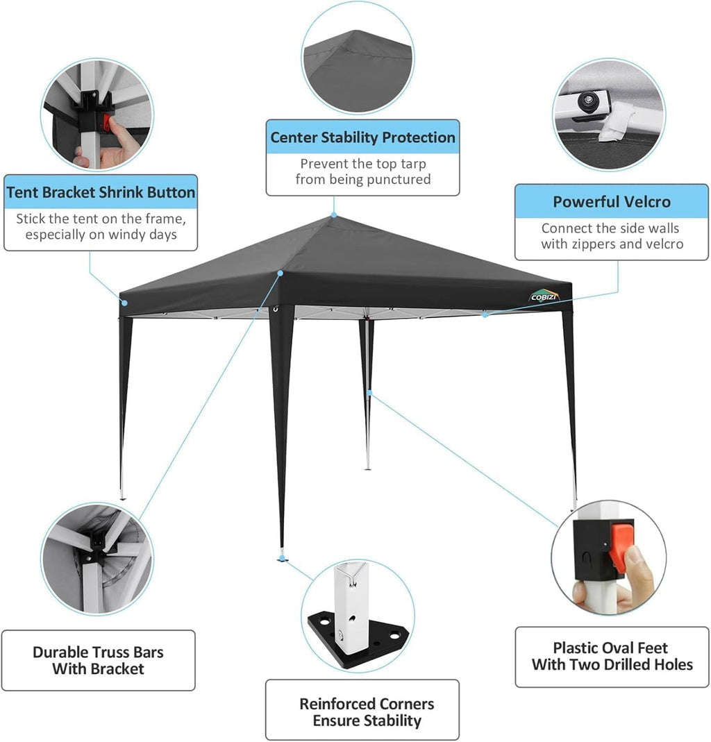 COBIZI 10x10 Pop Up Canopy Tent with 4 Sidewalls Party Tents Waterproof UPF 50+ Commercial Instant Outdoor Events Tent for Parties Markets Backyard, Ropes（10 x 10 ft Black