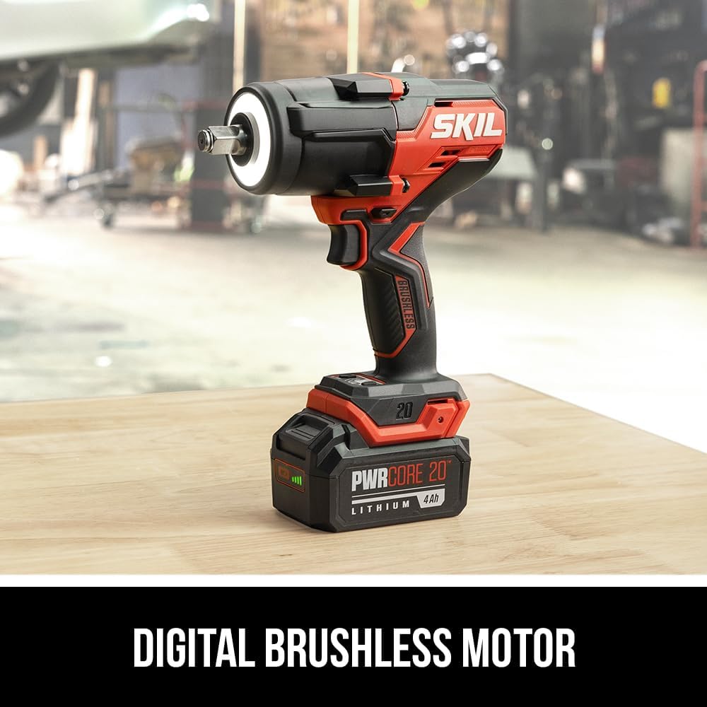 SKIL PWR CORE 20 Brushless 20V 1/2-Inch Mid-Torque Impact Wrench Kit, Includes 4.0 Ah Battery and Auto PWRJump Charger- IW5761B-10