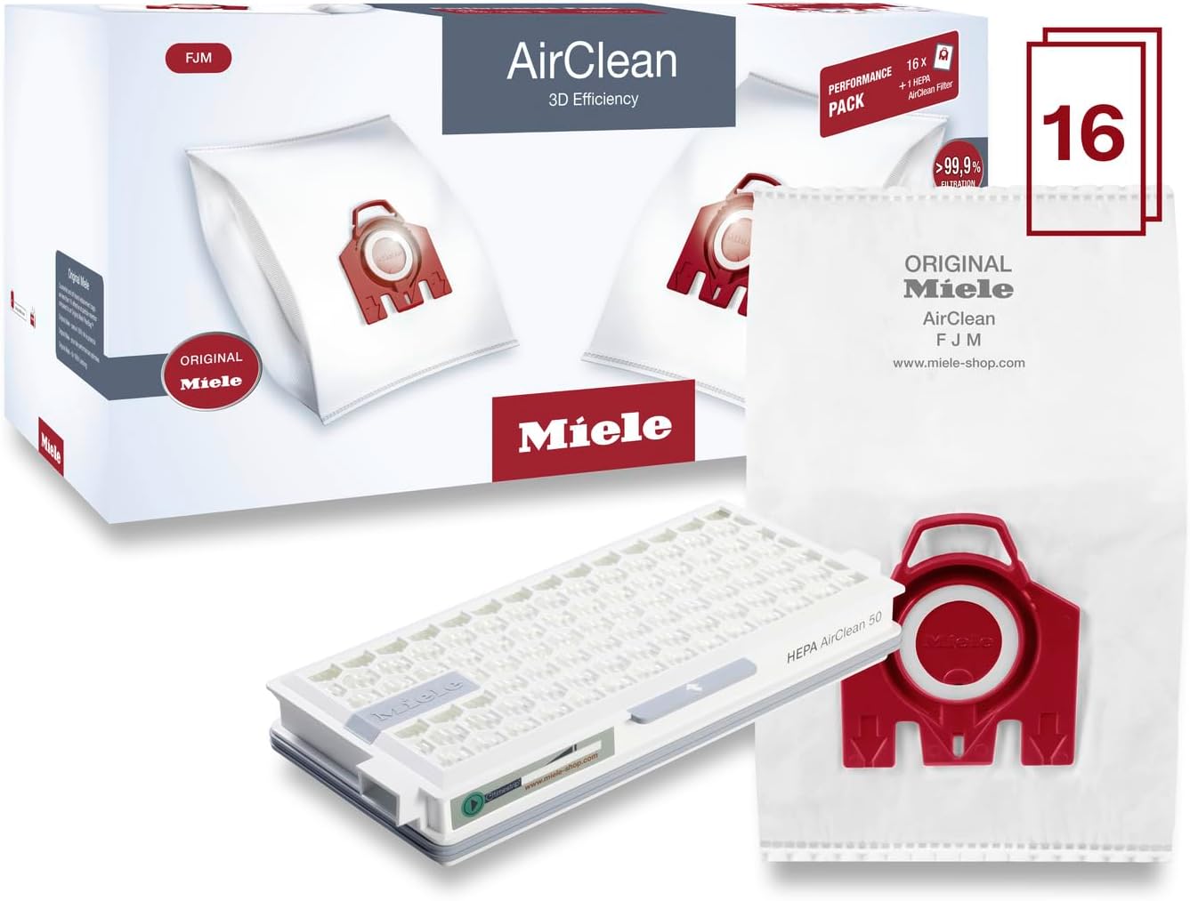 Miele Genuine FJM HyClean Air Vacuum Cleaner Bags for Miele Compact C1 & Compact C2 Vacuum Cleaners, Performance Pack of 16 Dust Bags and 1 HEPA Filter