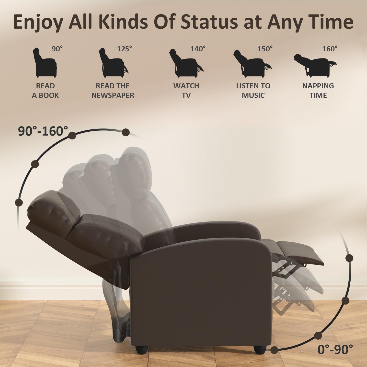 MKDLUFEI Massage Recliner Chair, Single Sofa Chair with Remote Control, Adult Chair Recliner, Living Room Recliners with Pu Leather Push Back Backrest, Brown