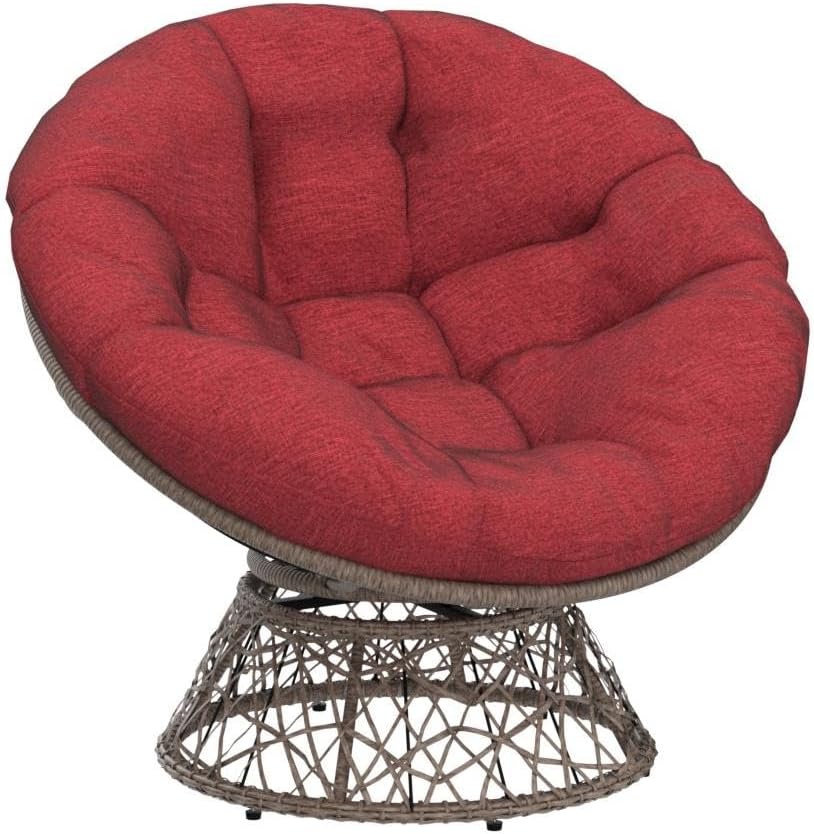 Bme 40' Ergonomic Wicker Papasan Chair with Soft Thick Density Fabric Cushion, High Capacity Steel Frame, 360 Degree Swivel for Living, Bedroom, Reading Room, Lounge, Cherry Sangria-Brown Base