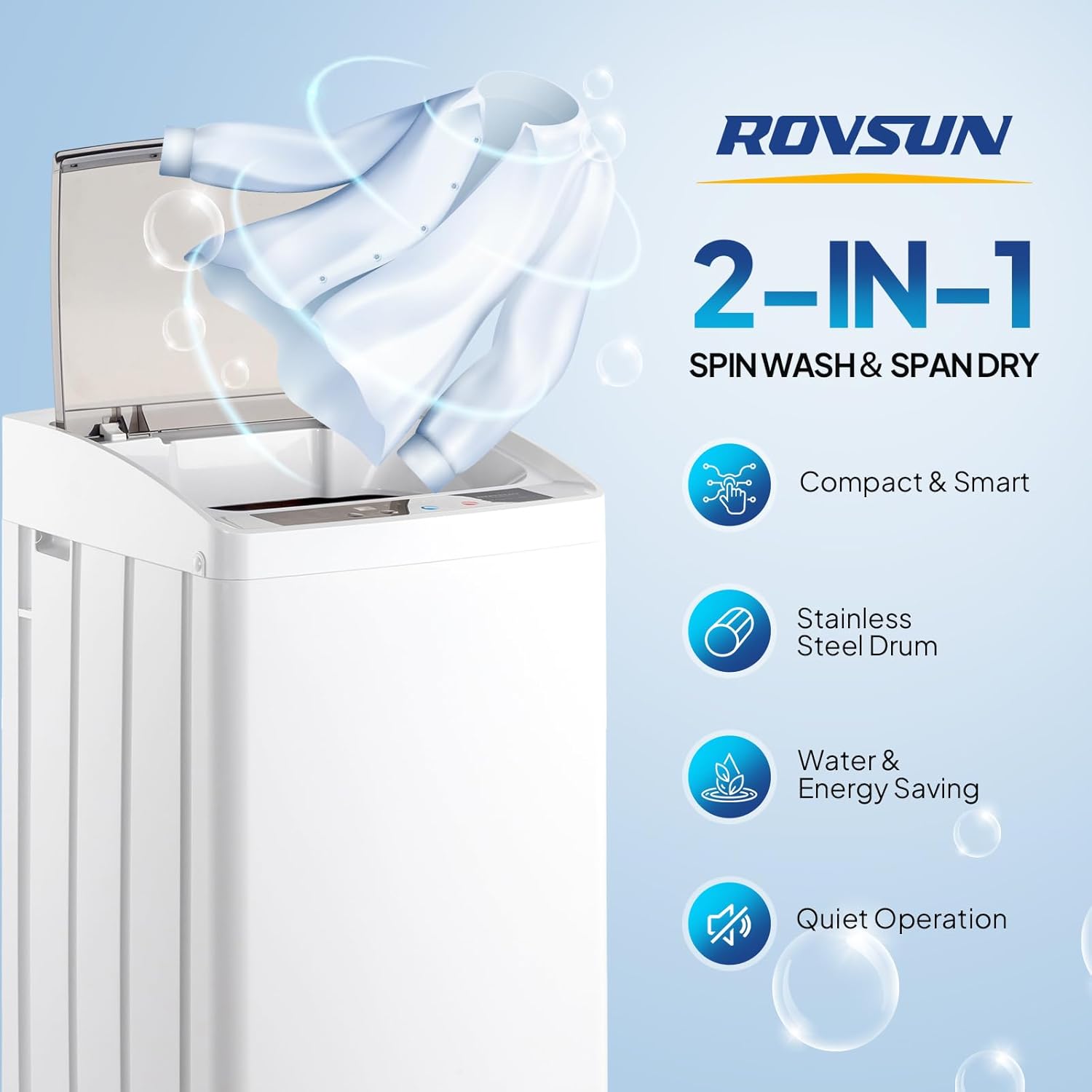 ROVSUN 17.8LBS Portable Washing Machine, Full-Automatic Electric Laundry Machine with Stainless Steel Drum, Compact Washer and Spin Dryer Combo with Drain Pump for Apartment, Dorm, Home