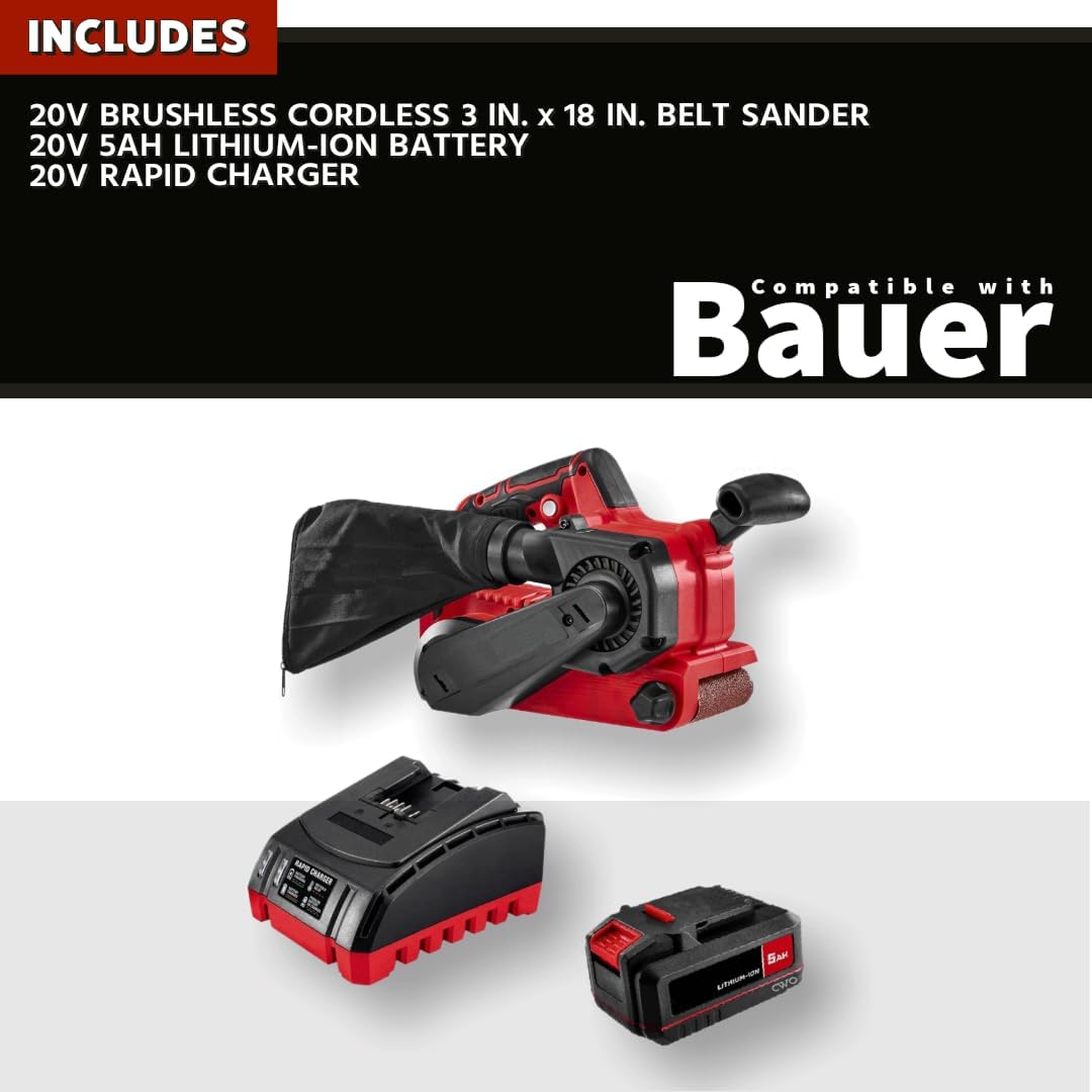Generic NEW! 20-Volt Lithium-Ion Cordless Combo Kit (Complete Power Tool Bundle) with 20V Brushless Cordless 3 in. x 18 in. Belt Sander, 20V 5Ah Battery & 20V Rapid Charger - Fits All BAUER 20V Tools