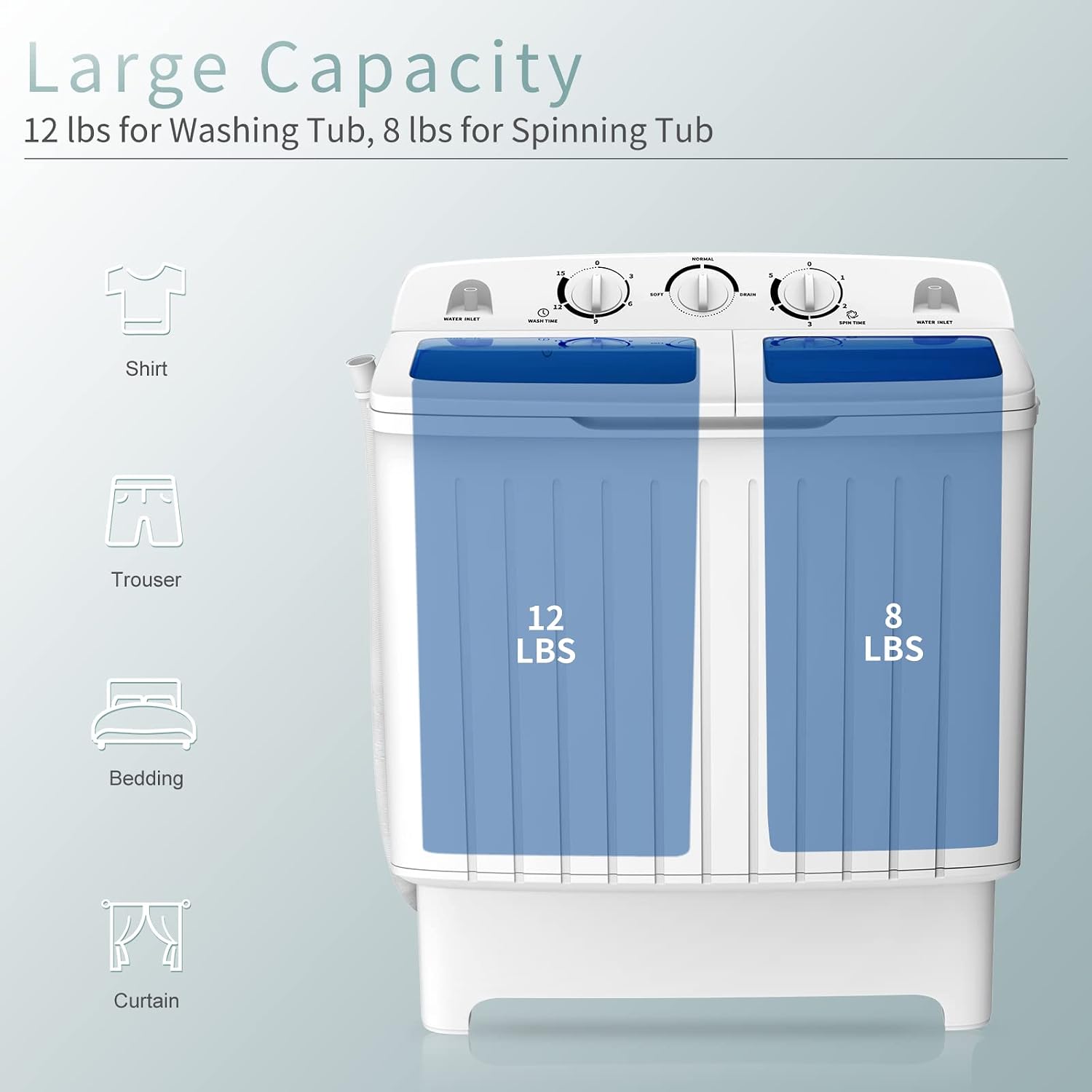COSTWAY Portable Washing Machine, Twin Tub 20 Lbs Capacity, Compact Laundry Washer(12 Lbs) and Spinner(8 Lbs), Durable Design, Timer Control, Perfect for RV, Apartments and Dorms, Blue+White