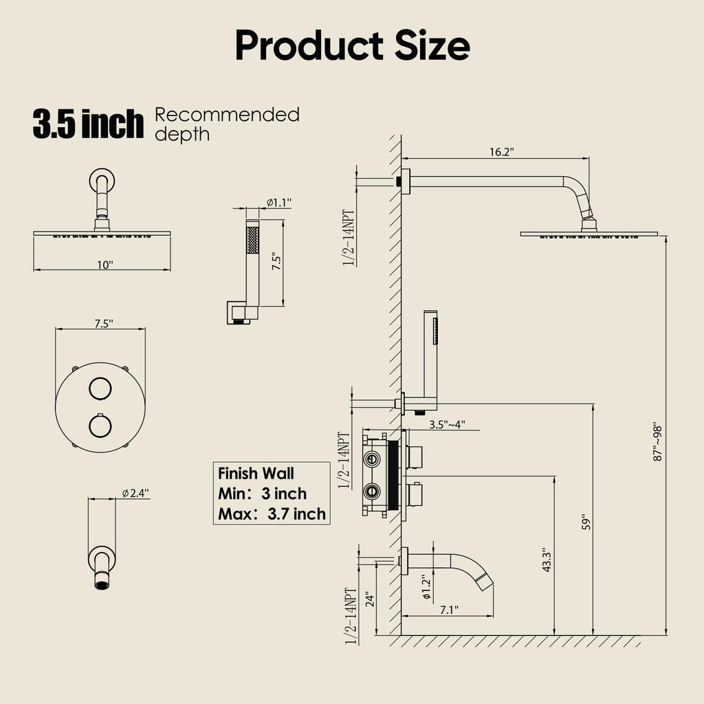 Gabrylly Thermostatic Shower System with Tub Spout, All Metal Bathtub Shower Faucets Set with Anti Scald Shower Valve, High Pressure 10' Rain Shower head with Handheld Spray Combo, Matte Black