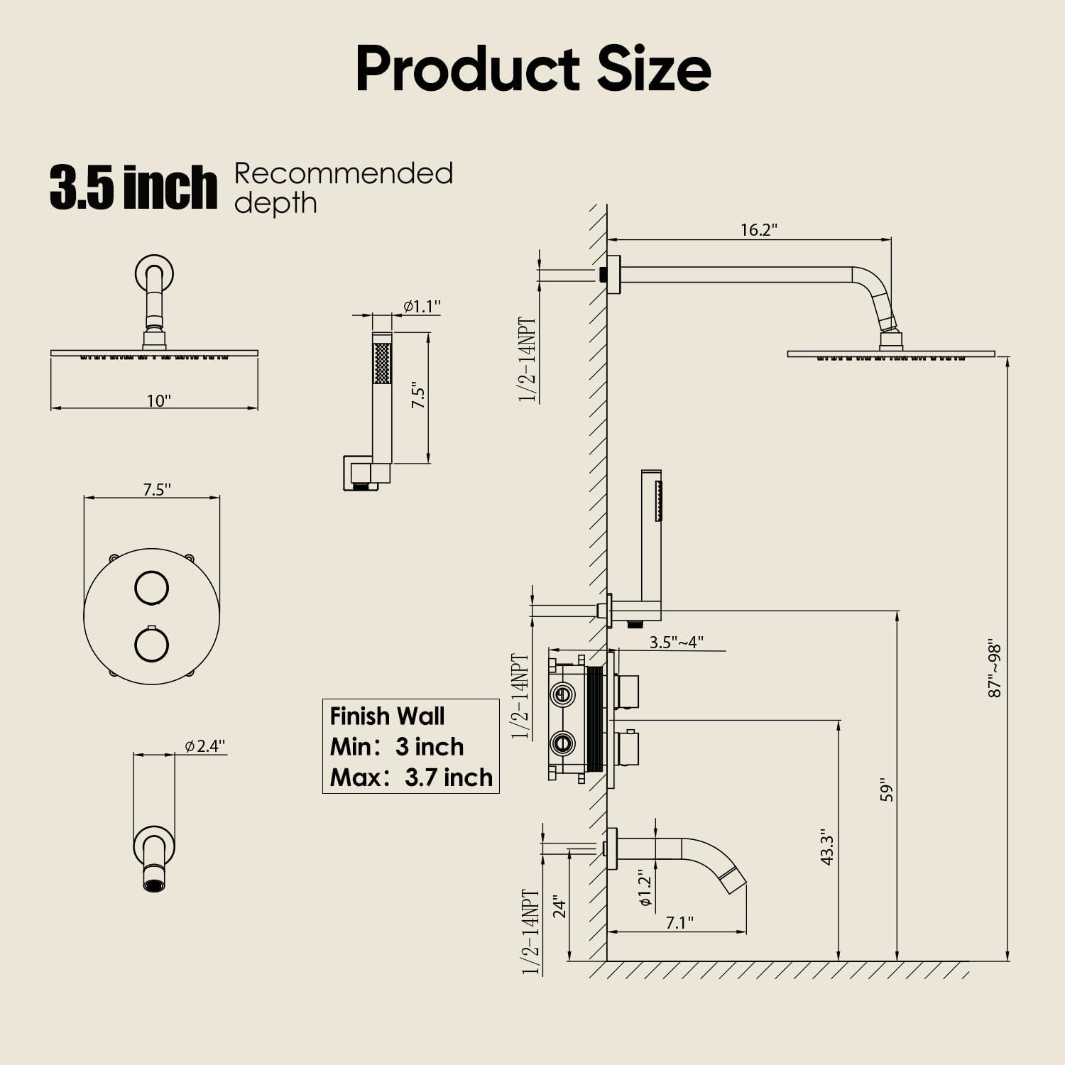 Gabrylly Thermostatic Shower System with Tub Spout, All Metal Bathtub Shower Faucets Set with Anti Scald Shower Valve, High Pressure 10' Rain Shower head with Handheld Spray Combo, Matte Black