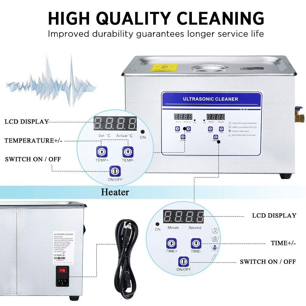 Anbull 6.5L/1.7Gal 180W Professional Ultrasonic Cleaner Machine with 304 Stainless Steel and Digital Timer Heater for Jewelry Watch Coin Glass Circuit Board Small Parts