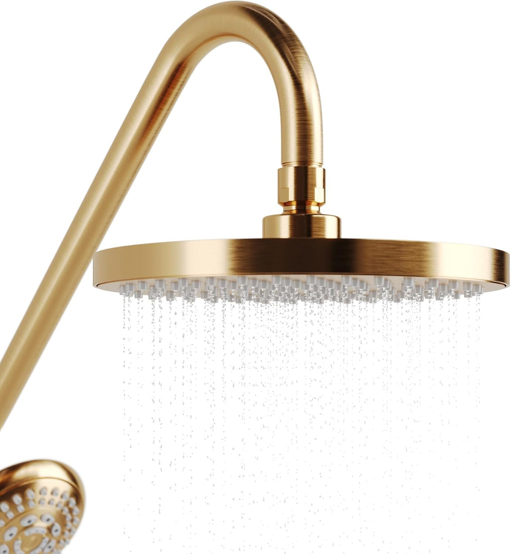 PULSE ShowerSpas Kauai III Brushed Gold Rain Shower Head with Handheld Spray - 1.8 GPM, 8' Showerhead, 5-Function HandShower, Adjustable Slide Bar - Shower Heads with Handheld Spray Combo