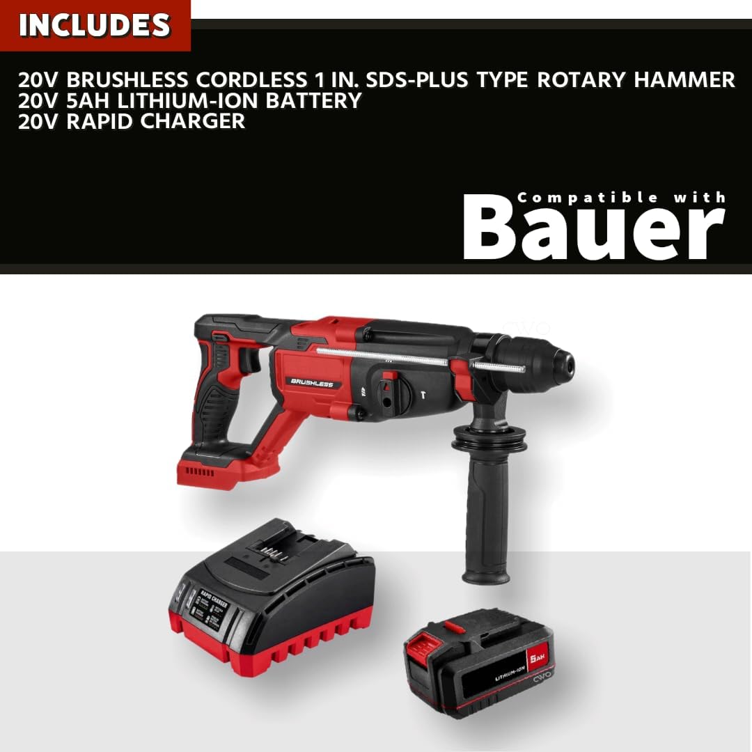 NEW! 20-Volt Lithium-Ion Cordless Combo Kit (Complete Power Tool Bundle) with 20V Brushless Cordless 1 in. SDS-PLUS Type Rotary Hammer, 20V 5Ah Battery & 20V Rapid Charger - Fits All BAUER 20V Tools
