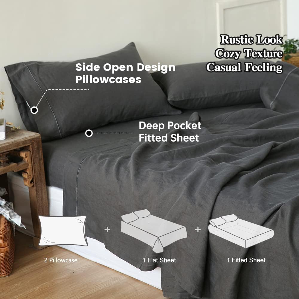 Simple&Opulence 100% Linen Sheet Set with Embroidery Washed - 4 Pieces (1 Flat Sheet & 1 Fitted Sheet & 2 Pillowcases) Natural Flax Soft Bedding Breathable Farmhouse - Dark Grey, Queen Size