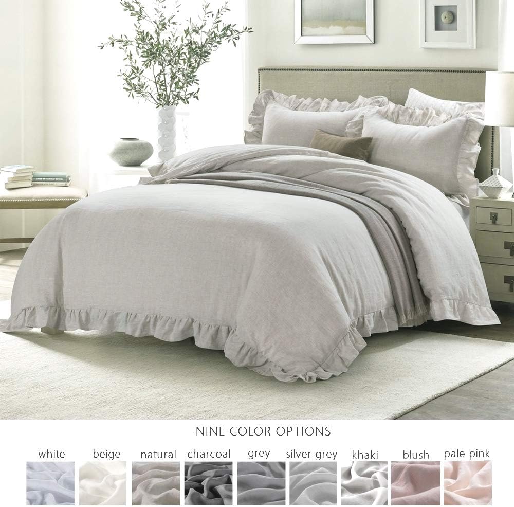 MEADOW PARK 100% Stone Washed Linen Duvet Cover Set 3 Pieces, Queen Size 90 inches x 92 inches, Shams 20 inches x 26 inches, Ruffled Style, Button Closure, Corner Ties, Super Soft, Solid Natural color