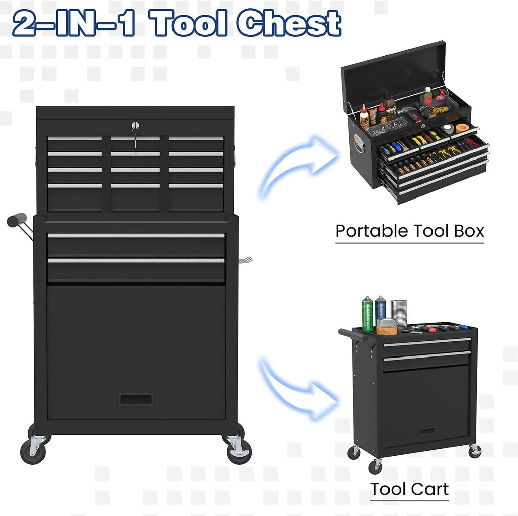 Rolling Tool Box with Wheels, 8-Drawer High Capacity Tool Chest with Wheels, Removable Storage Toolbox with Lock for Garage, Workshop (Black)