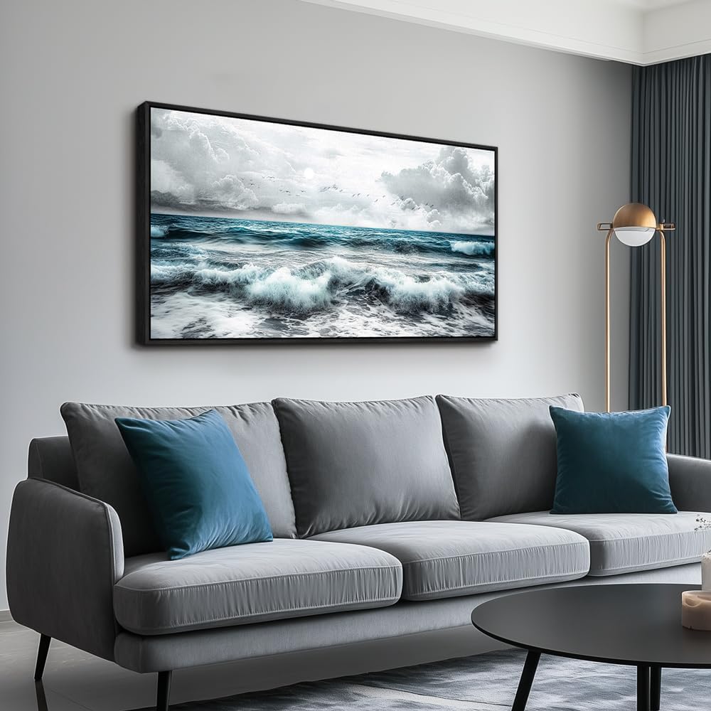 ERQINHUA Black And White Beach Canvas Wall Art For Living Room Wall Decoration For Bedroom Office Wall Decor Blue Sea Wave Printing Pictures Artwork Home Decor Painting Black Framed 24x48 In
