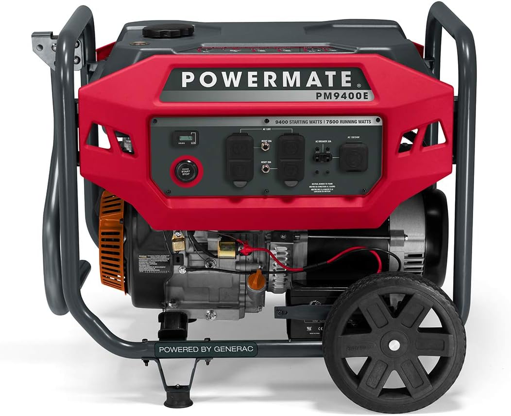 Powermate PM9400E 9,400-Watt Gas-Powered Portable Open Frame Generator - Electric Start - Quiet Operation - Ideal for Home and Outdoor Activites - Engine Powered by Generac - Red/Black