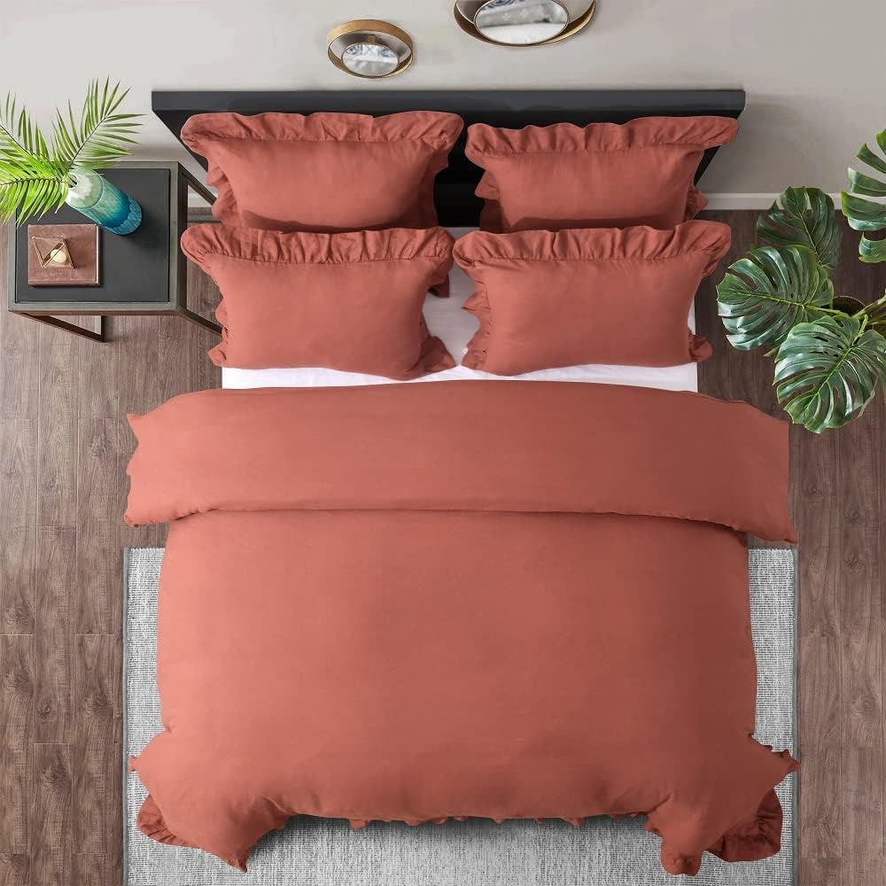 meadow park 100% Stone Washed Linen Duvet Cover Set 3 Pieces, King Size 104 inches x 92 inches, Sham 20 inches x 36 inches, Ruffled Style, Button Closure, Corner Ties, Super Soft, Cayenne Color