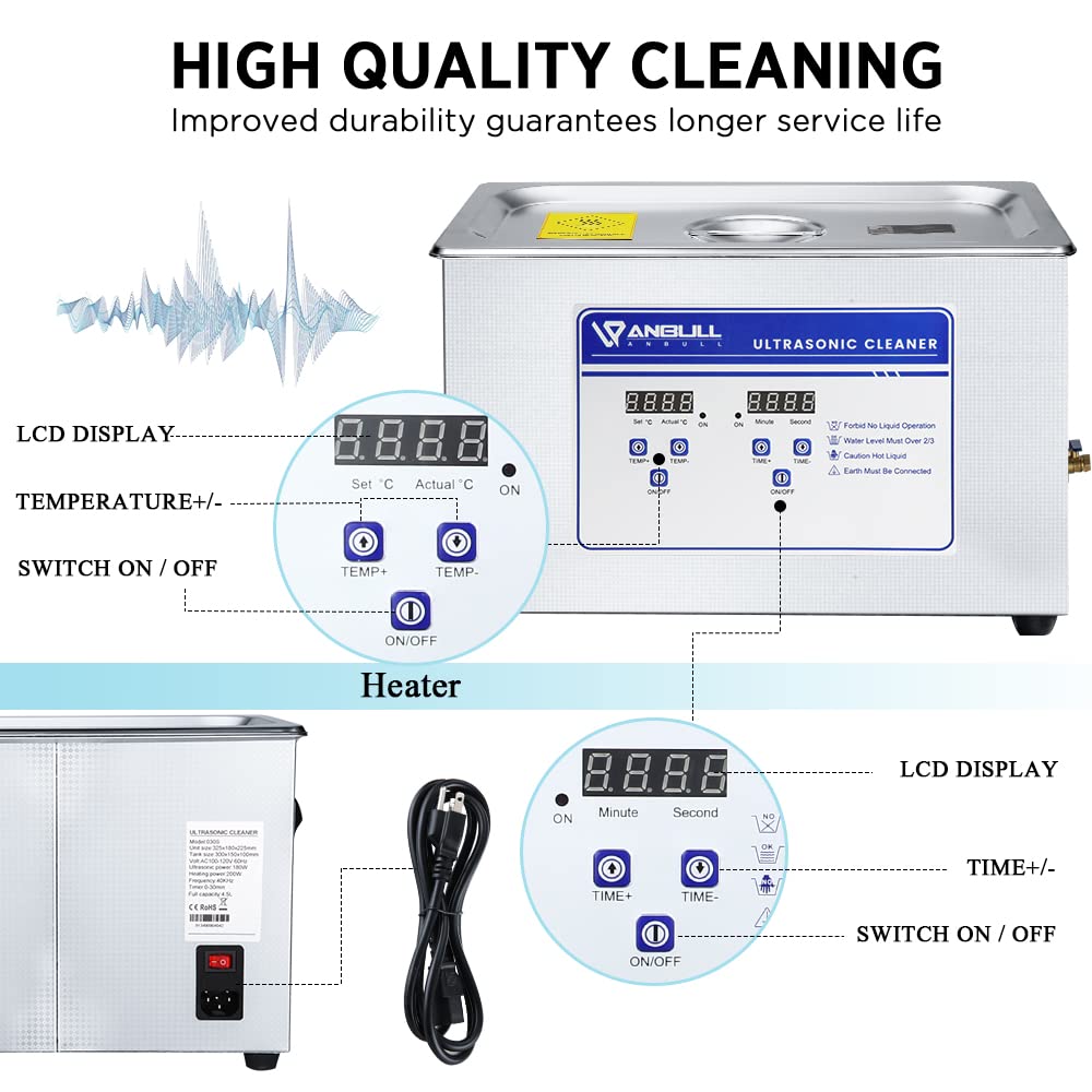 Anbull 15L/4Gal 360W Professional Ultrasonic Cleaner Machine with 304 Stainless Steel and Digital Timer Heater for Jewelry Watch Coin Glass Circuit Board Small Parts