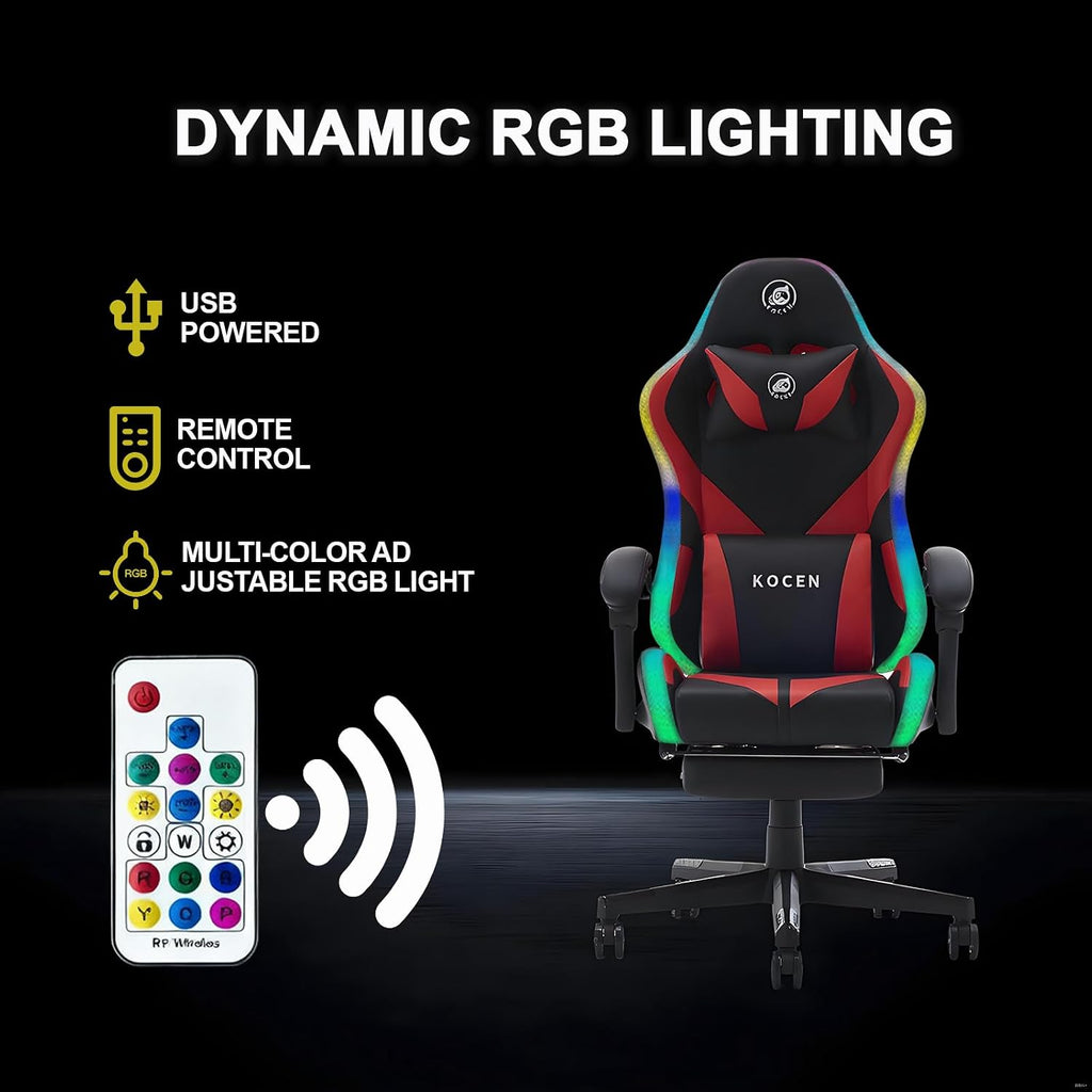 LED Gaming Chairs for Adults Tall and Kids，Lumbar Support,LED Lights，High Back Reclining Computer Chair with Headrest (RedBlack)