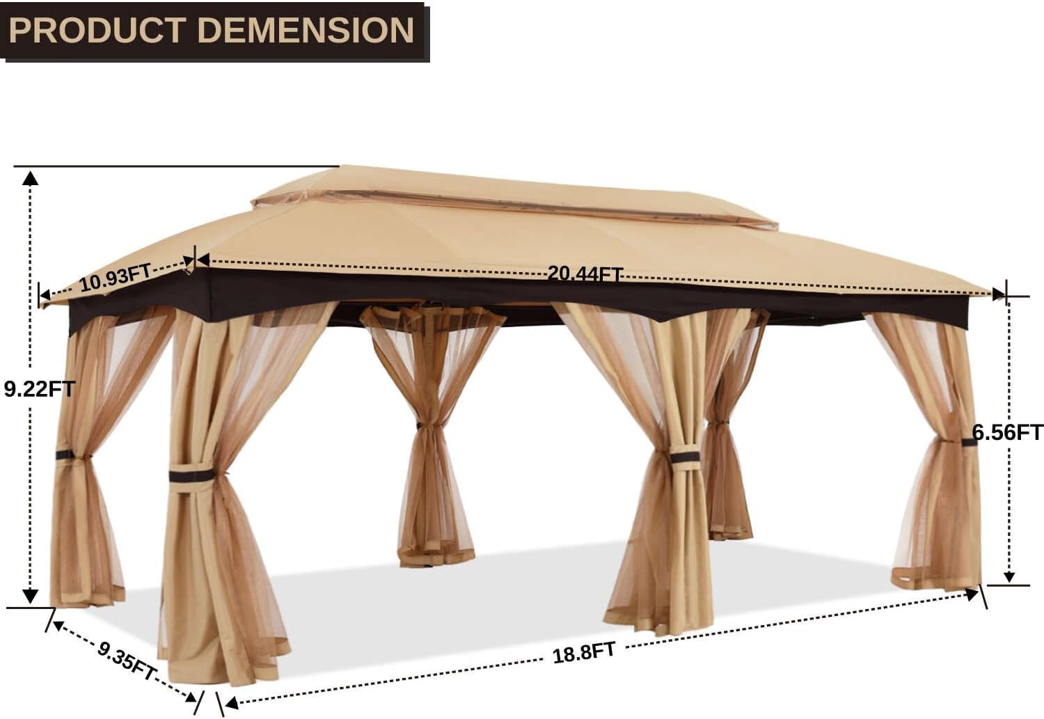 ABCCANOPY Outdoor Patio Gazebo 10x20 - Double Roof Canopy with Mosquito Netting for Backyard, Deck, Garden, Lawn, Beige