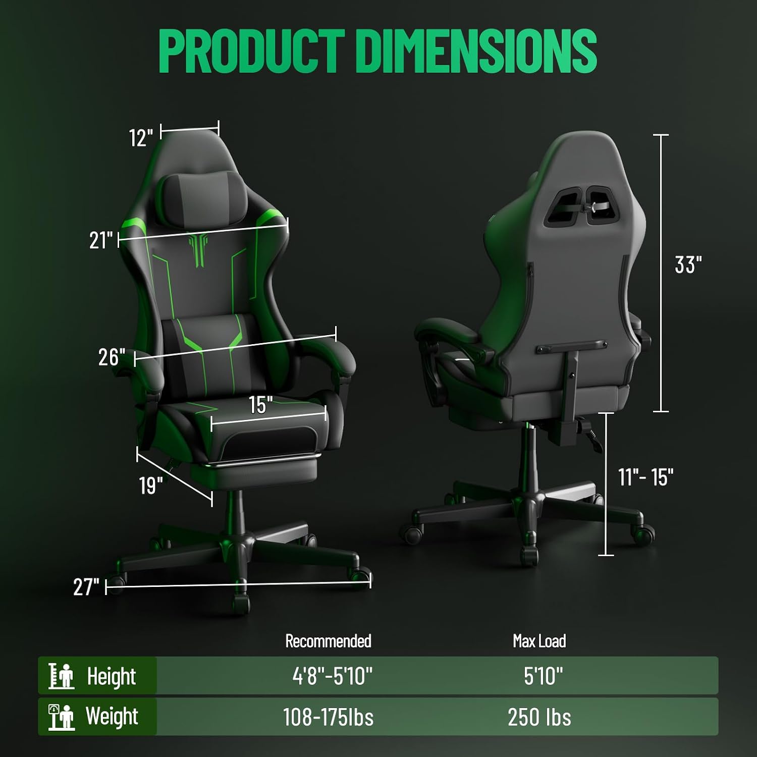 Ferghana Gaming Chair, PU Leather Ergonomic Computer Chair with Massage Lumbar Support, High Back Office Game Chair with Footrest and Linkage Armrest for Adult, Grey/Black/Green