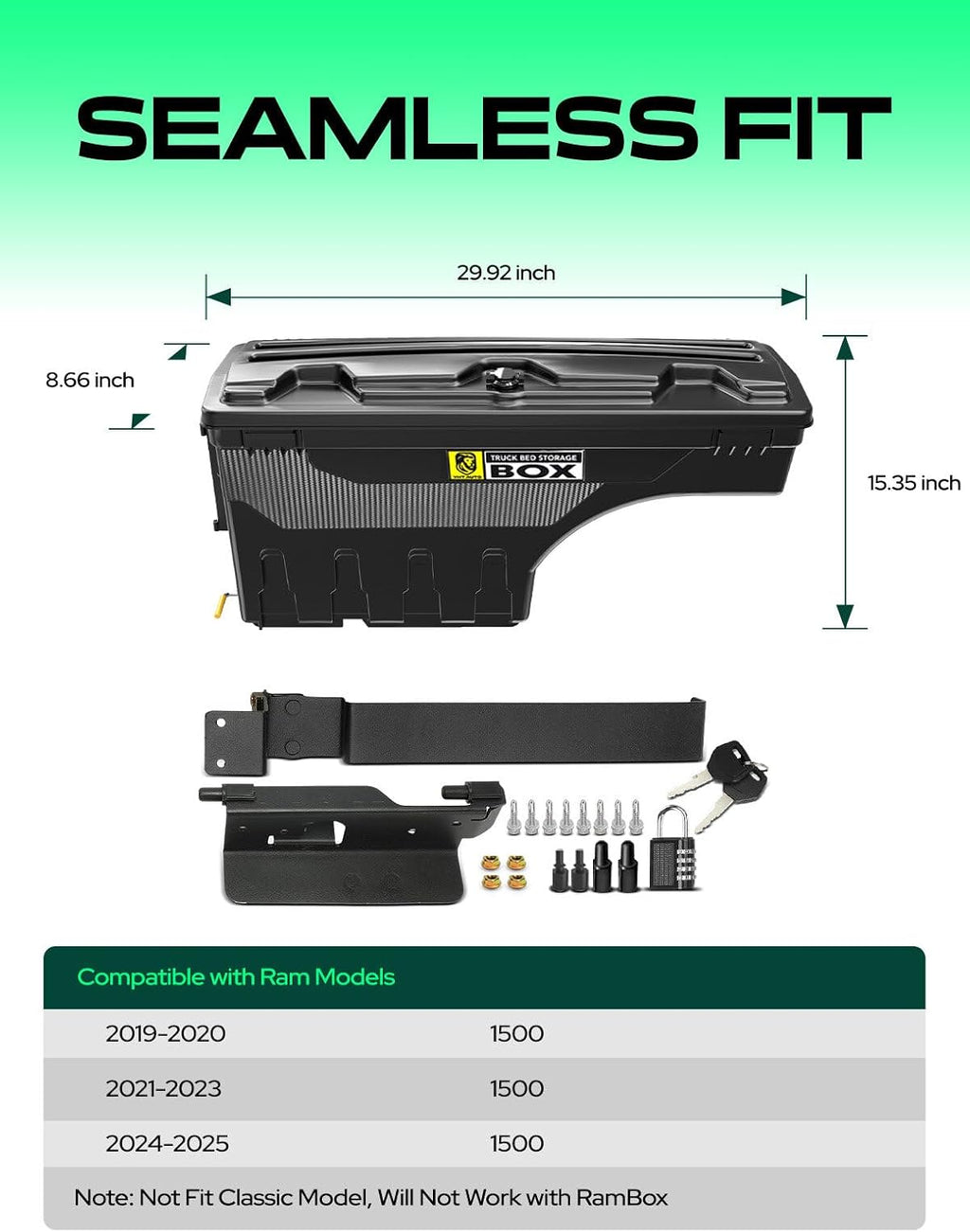 YHTAUTO Truck Bed Storage Tool Box Lockable Compatible with 2019-2025 Ram 1500, Driver Side, Not Fit Classic Model, Will Not Work with RamBox, Swing Waterproof Wheel Well Toolbox