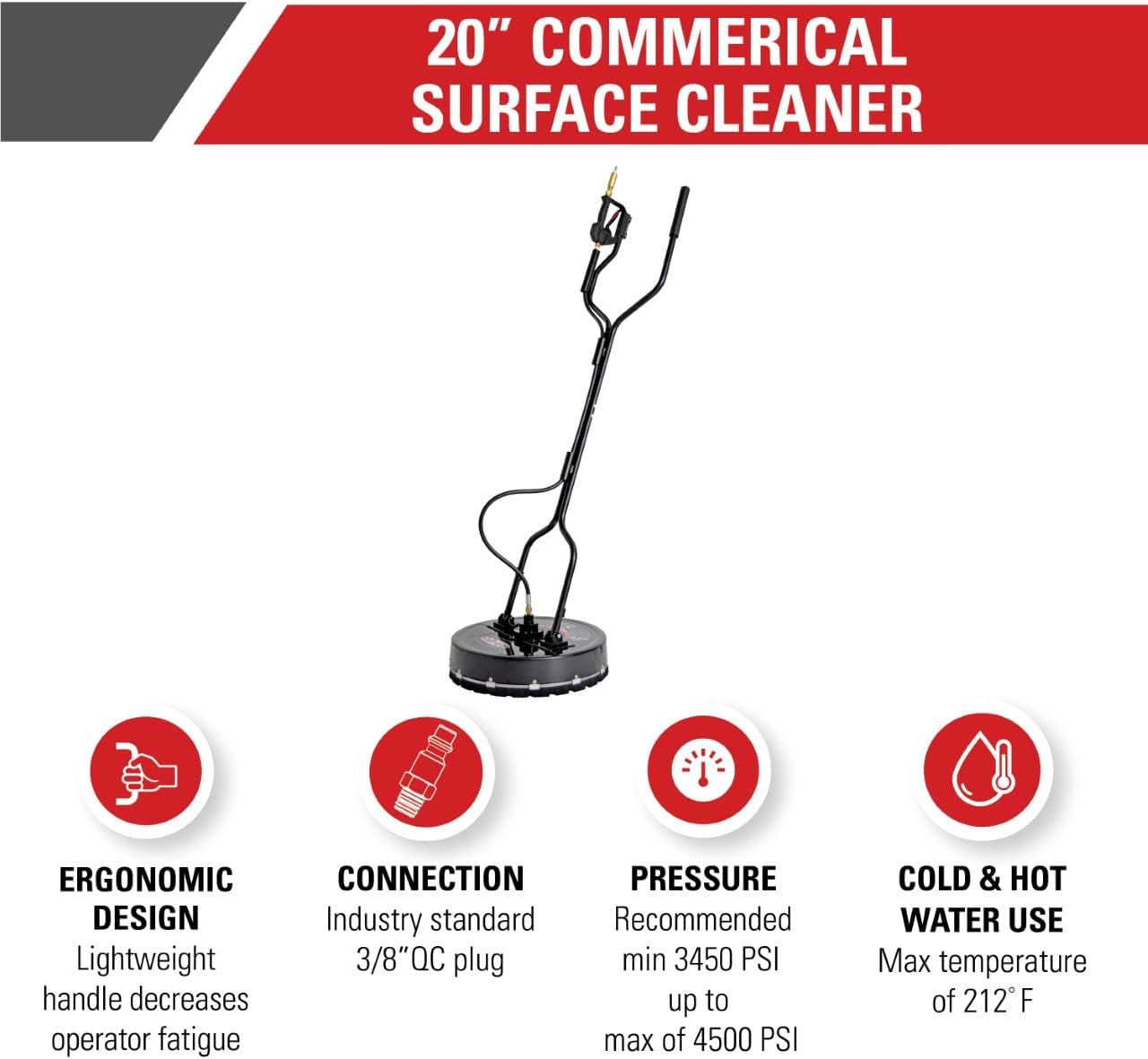 Simpson Cleaning 80182 Universal 20' Industrial Pressure Washer Surface Cleaner for Hot and Cold Water Machines, 3/8' Quick Connection, Recommended min 3450 PSI up to max of 4500 PSI, Black