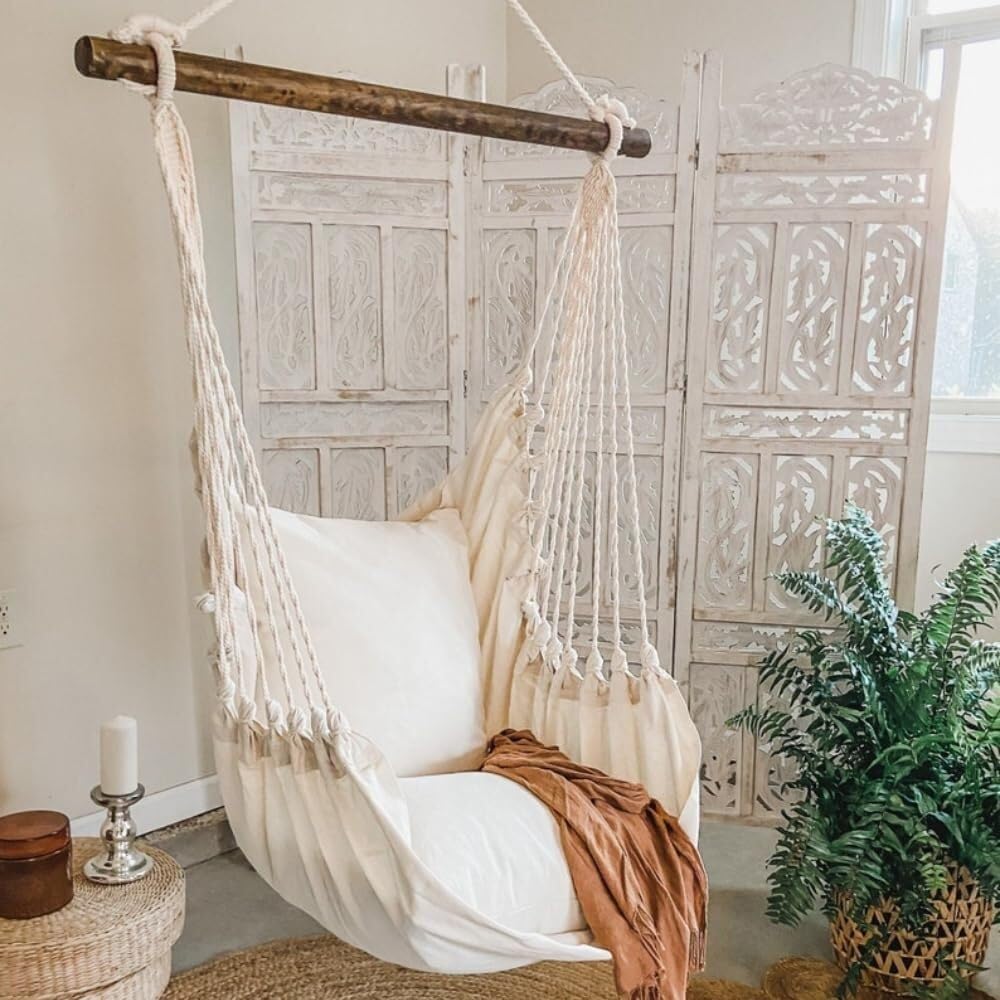 Hammock Swing Chair with Brown Wood Spreader, Indoor Hanging Chair for Bedroom, 58' L x 44' W, Cozy Reading Hanging Chair