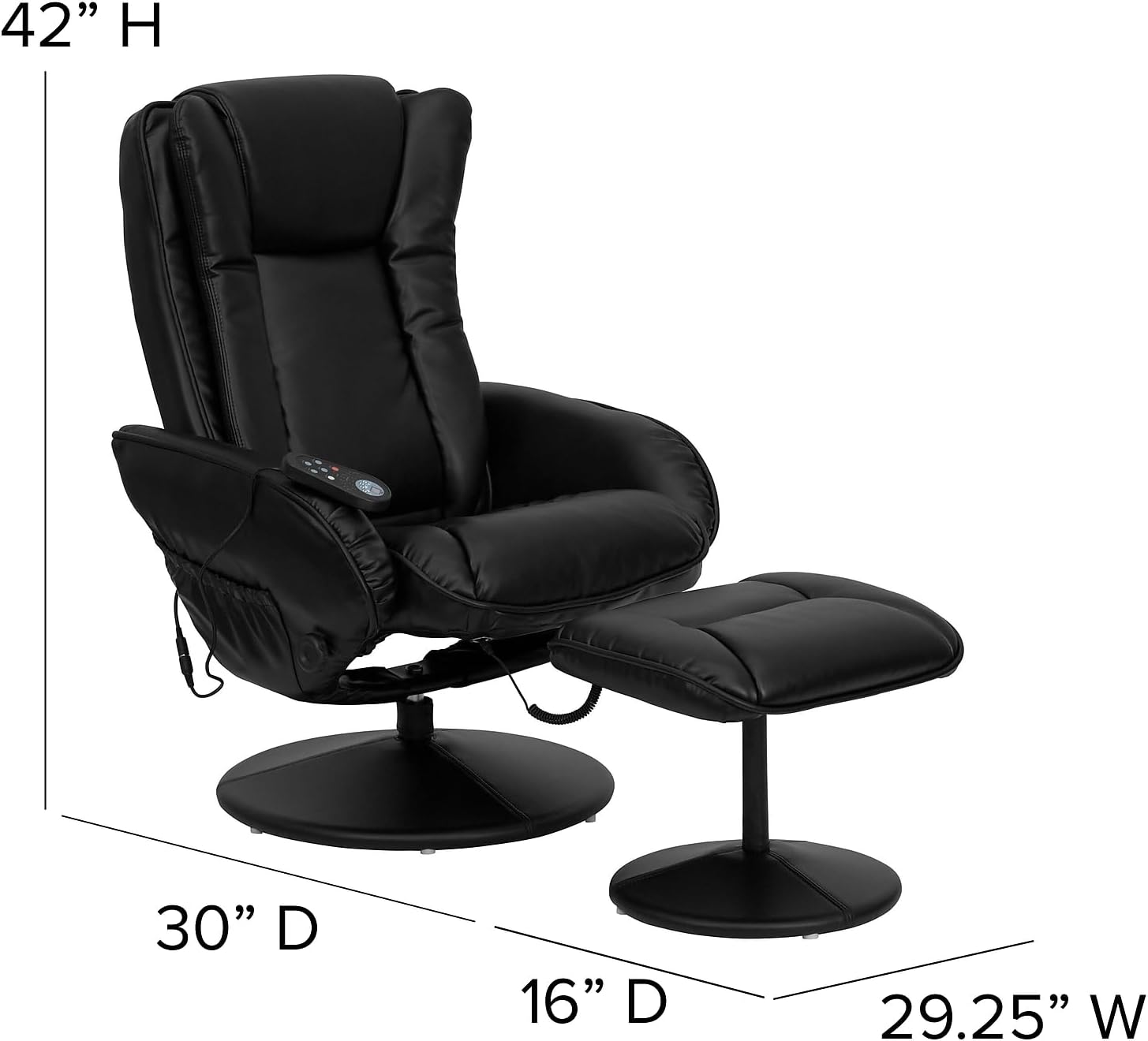 Flash Furniture Poppy Massaging Multi-Position Plush Recliner with Side Pocket and Ottoman in Black LeatherSoft