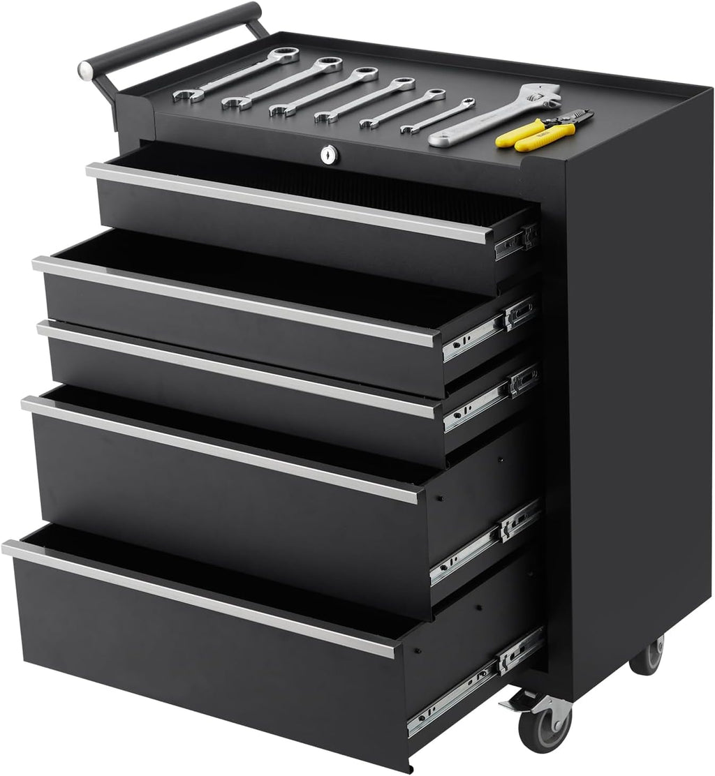 Toolbox with Five Drawers with Key Lock and Drawer Liner Removable on Wheels for garages, Warehouses, workshops and Repair Stores - Black