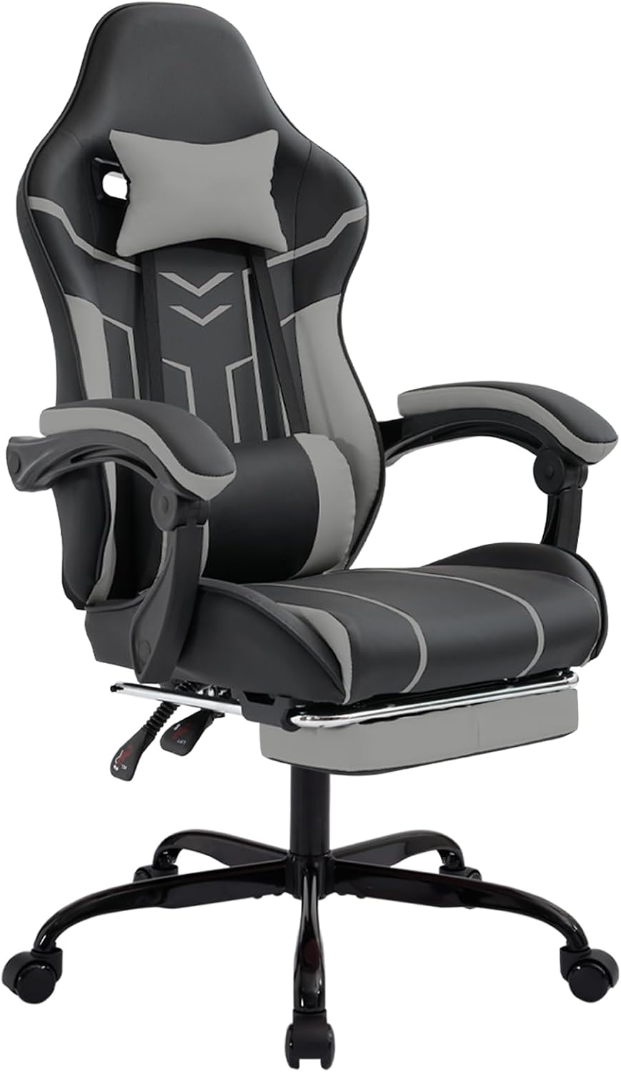 Gaming Chair with Massage and Footrest, Ergonomic High Back PC Racing Chair, 300LBS Capacity with Adjustable Lumbar Support & Headrest for Office and Desk (Model D, Black+Grey)