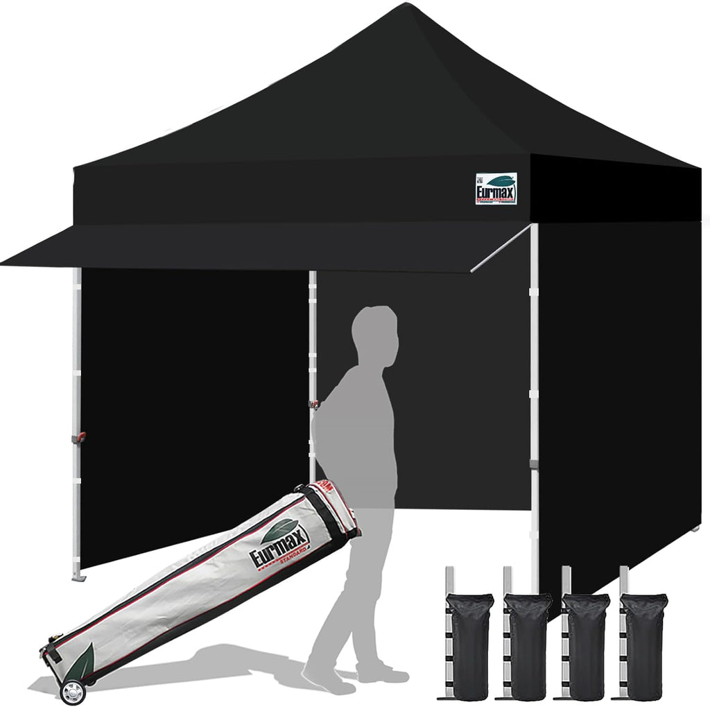 Eurmax USA 10x10 Pop Up Canopy,Commercial Tent with Patented No-Tip Rolling Bag,24sqft Extension Awning & 4 Zippered Removable Walls,UV & Water Resistant,Heavy Duty Instant Shelter Gazebo,Black
