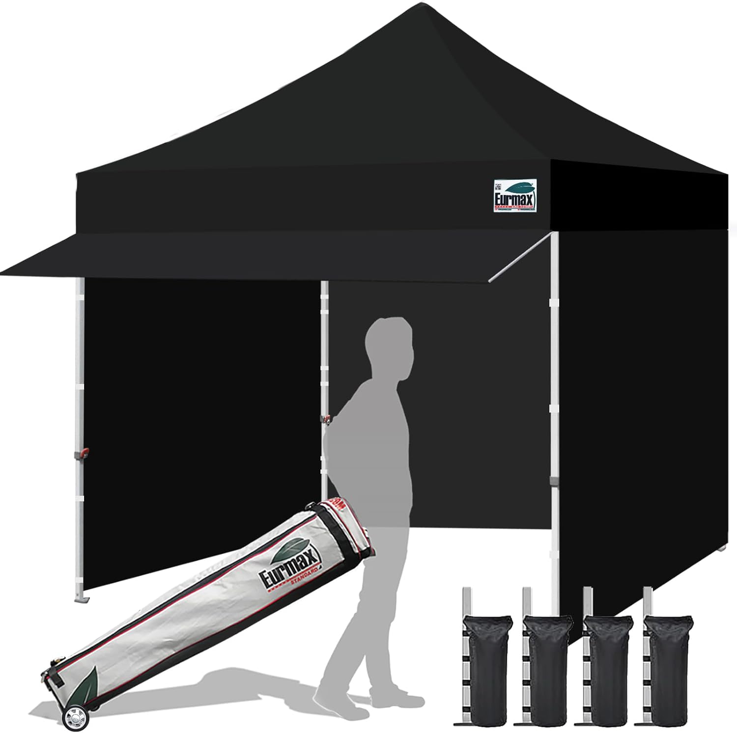 Eurmax USA 10x10 Pop Up Canopy,Commercial Tent with Patented No-Tip Rolling Bag,24sqft Extension Awning & 4 Zippered Removable Walls,UV & Water Resistant,Heavy Duty Instant Shelter Gazebo,Black