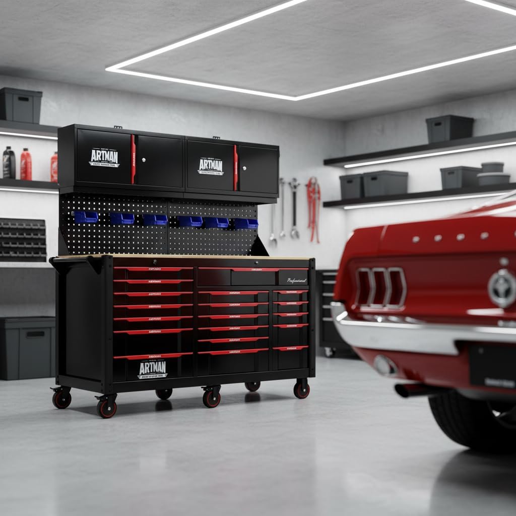 72 Inch Tool Box, Rolling Tool Chest Workbench with 19-Drawers & Locking Cabinets, Heavy-Duty Mobile Workbench with Wood Top, Pro Garage Organization Cabinets & Storage System