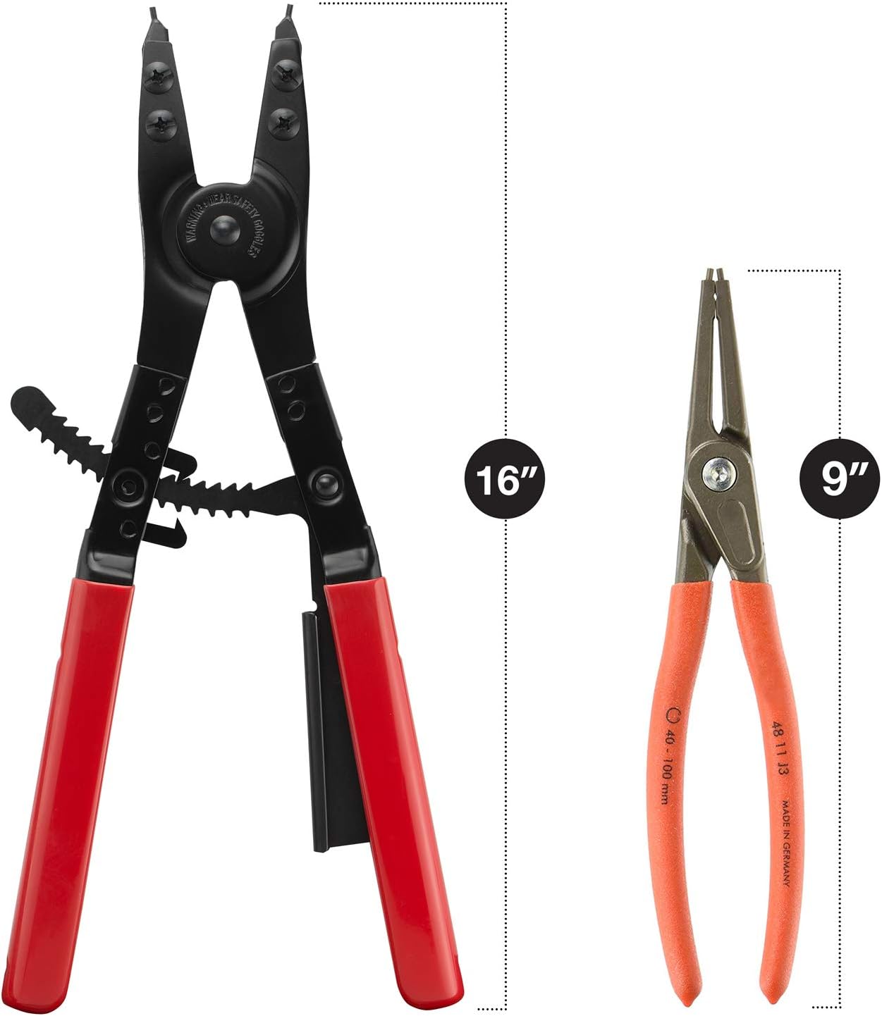 Neiko 02130A Heavy Duty 16' Snap Ring Plier Set, 2 Piece, External and Internal Pliers, Straight, 45°, 90° Tips