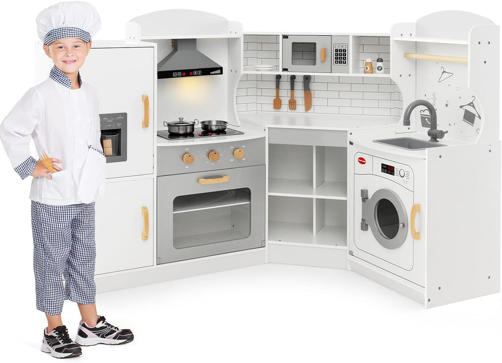 Costzon Corner Kids Kitchen Playset, Wooden Play Kitchen with Sounds & Lights, Washing Machine, Range Hood, Ice Maker, Microwave, Oven, Sink, Pretend Toy Kitchen Set for Toddler, Gift for Boys Girls