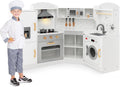 Costzon Corner Kids Kitchen Playset, Wooden Play Kitchen with Sounds & Lights, Washing Machine, Range Hood, Ice Maker, Microwave, Oven, Sink, Pretend Toy Kitchen Set for Toddler, Gift for Boys Girls
