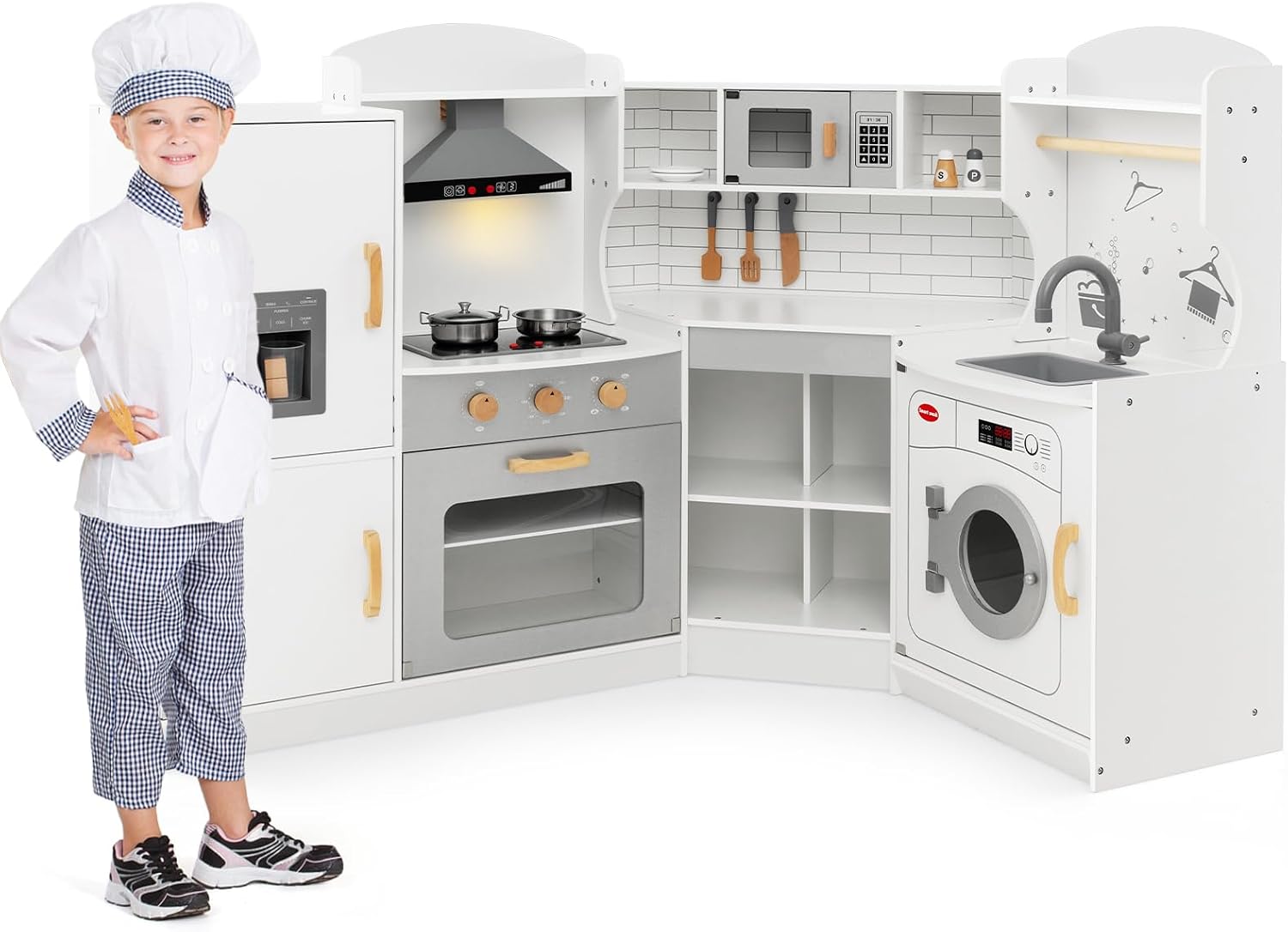 Costzon Corner Kids Kitchen Playset, Wooden Play Kitchen with Sounds & Lights, Washing Machine, Range Hood, Ice Maker, Microwave, Oven, Sink, Pretend Toy Kitchen Set for Toddler, Gift for Boys Girls