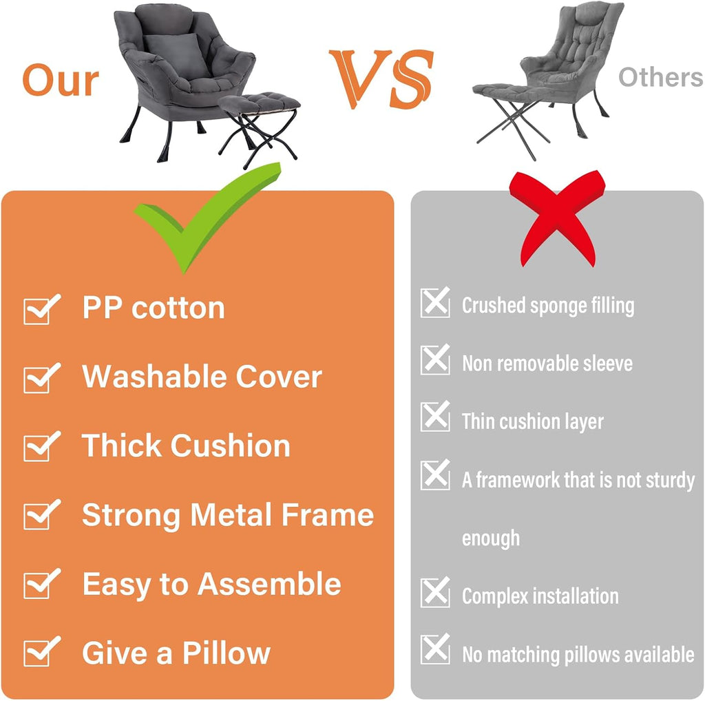 Lazy Chair for Living Room, Large Dark Grey Accent Chair with a Throw Pillow, Leisure Sofa Chair Set, Comfy Reading Chair for Bedroom, Dorm Room, Office