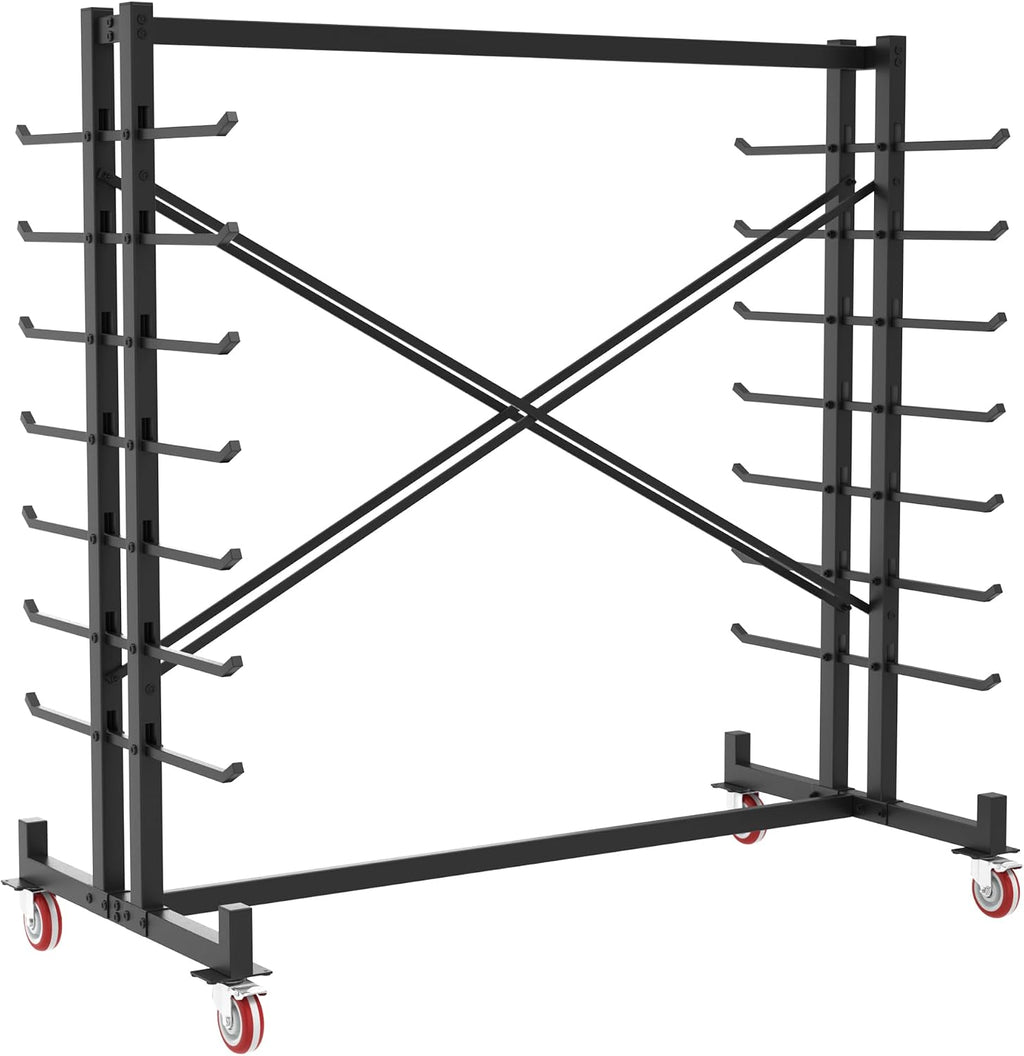 Soywey 7-Tier Steel Horizontal Storage Rack,Detachable Lumber Storage Rack,Load 2000 Lbs Heavy Adjustable Pipe Rack Lumber Organizer Shelf for Garage Workshop Shed Basement Black(With Wheel)