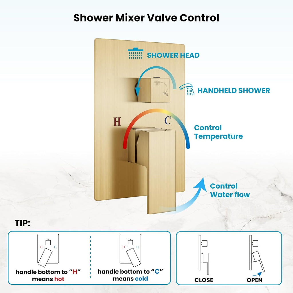 gotonovo Rainfall Bathroom Shower System Rain Shower Head and Handle Set Wall Mounted Shower Complete Combo Solid Brass Pressure Balancing Shower Mixer Valve 12 Inch Brushed Gold