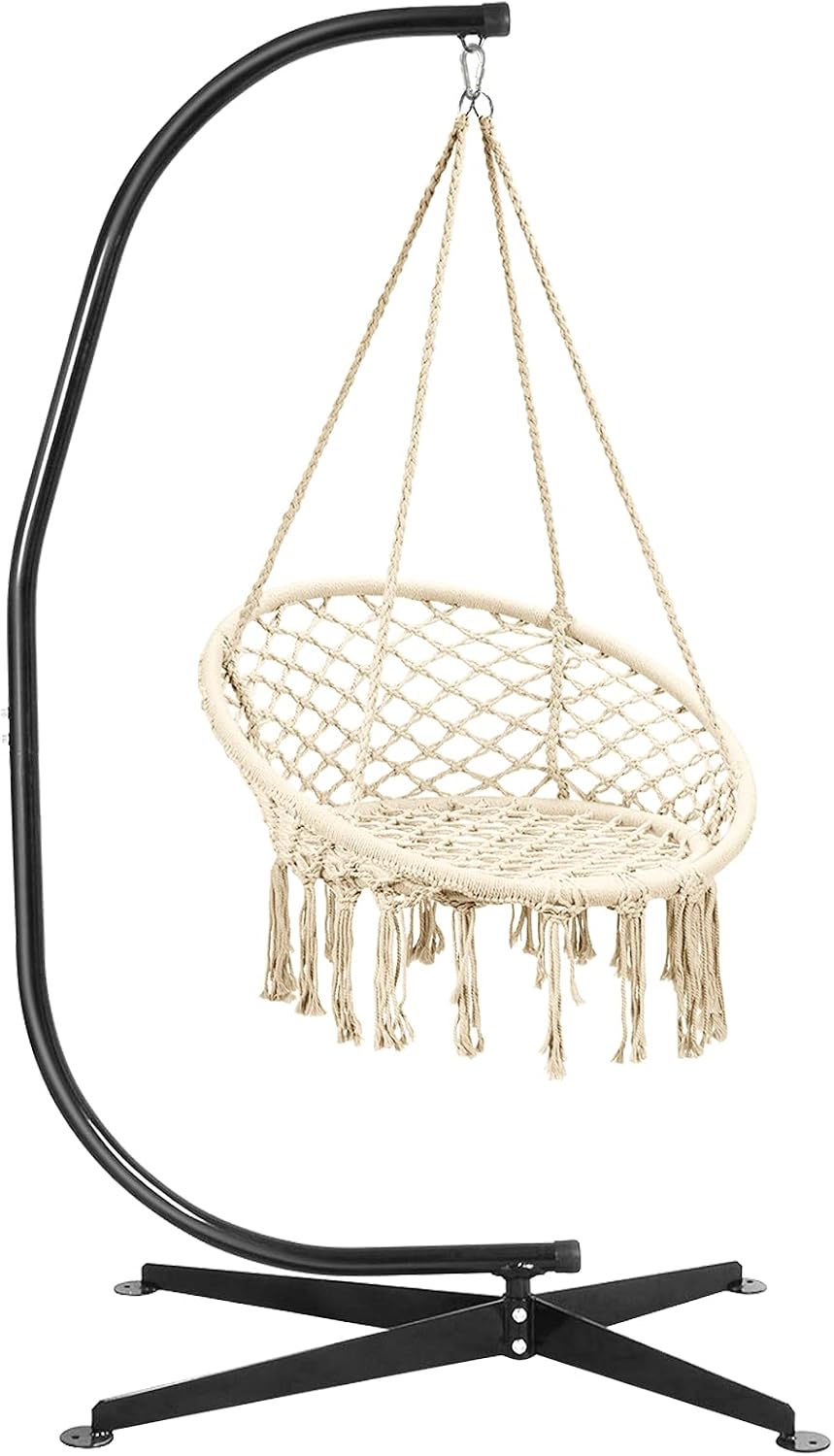 Giantex Hammock Chair with Stand, Solid Steel Heavy Duty C Stand with Macrame Hanging Chair, Handwoven Tassels Swing Chair Include Hammock Stand for Indoor Outdoor Use (Beige)