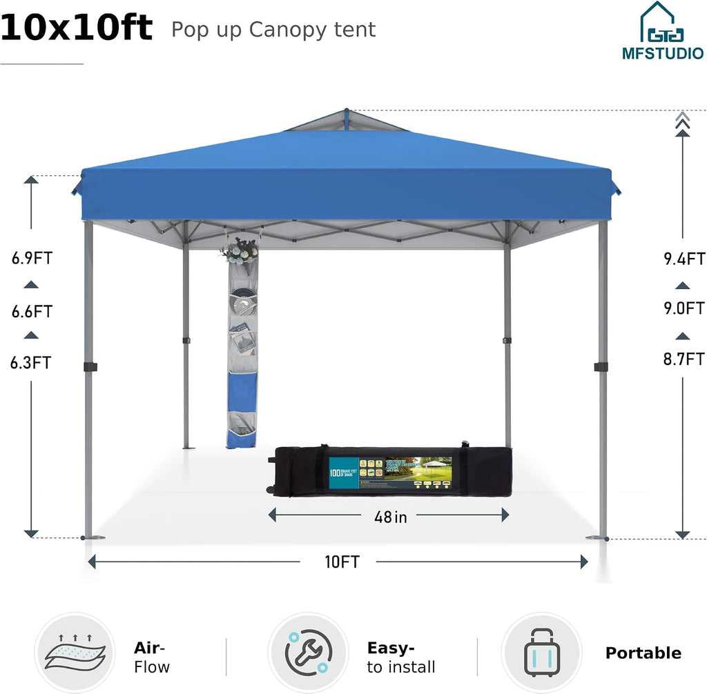 MFSTUDIO Pop Up Canopy Tent, 10x10 Canopies Outdoor One Person Push Set Up Tent Instant Portable Shelter Tents with Vented Top, Storage, 4 Sandbags, Beach Canopy,Blue