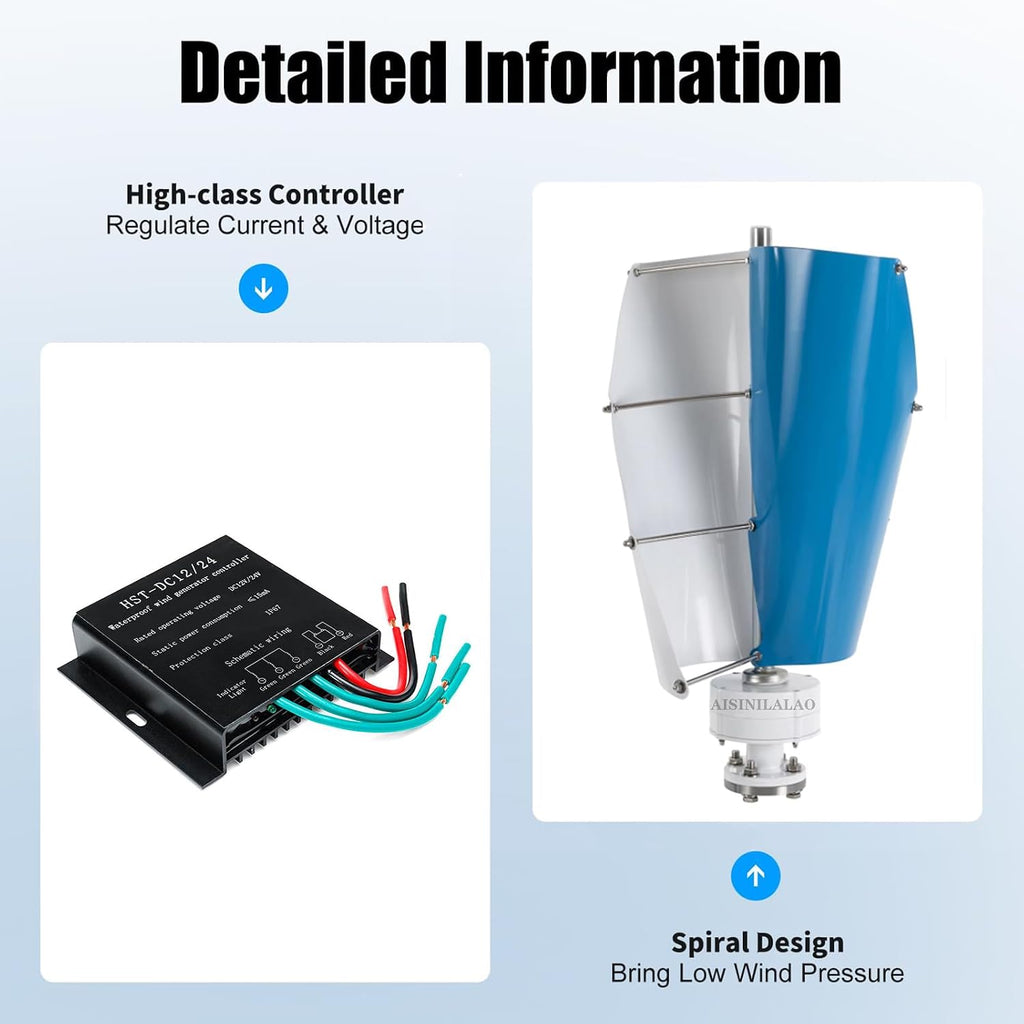 3000W Spiral Wind Power Generator W/Controller 2 Blade, No Noise Vertical Axis Wind Turbine Kit, for Wind and Solar Power Generation(12V 24V 48V)