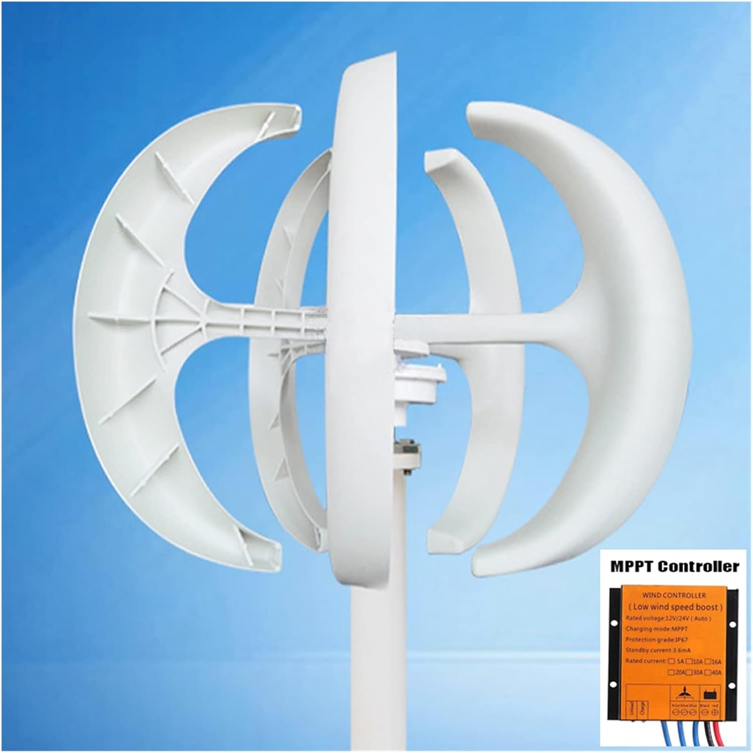 Wind Power Turbine Generator 3000W Small Vertical Axis Wind Turbine Generator 3KW 12V 24V 48V with MPPT Low Noise Windmill for Home Farm Wind System (Color : White with Control, Size : 12V)