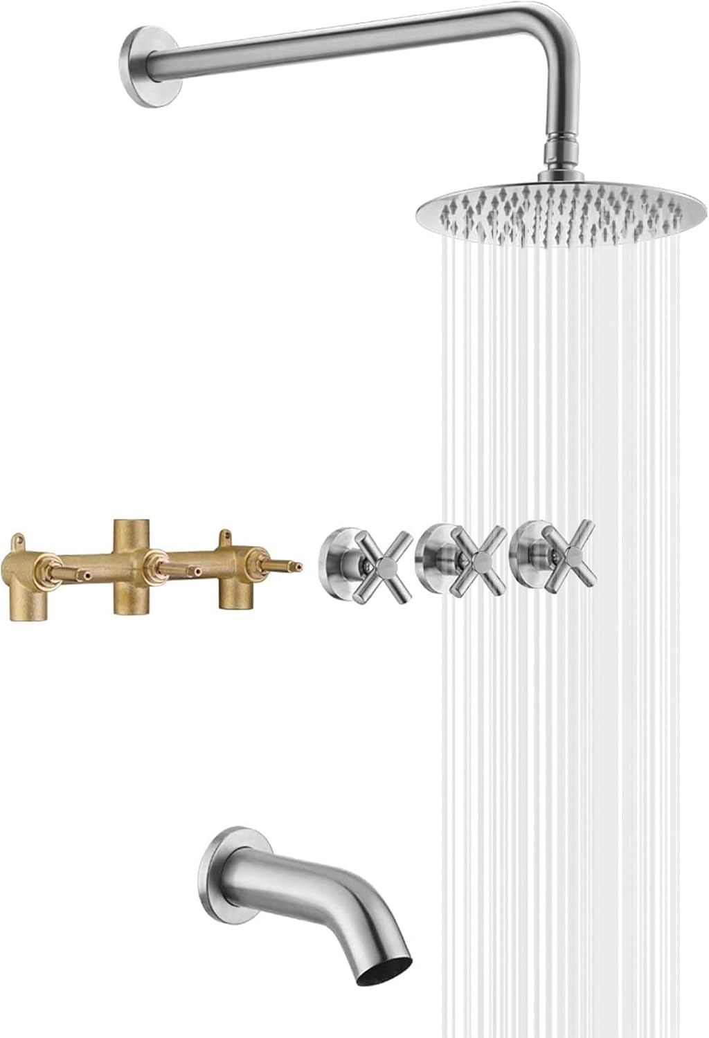 Tub and Shower Faucet Set 3 Handle with Valve Brushed Nickel High Flow Waterfall Tub Spout and Rain Shower Head SUMERAIN