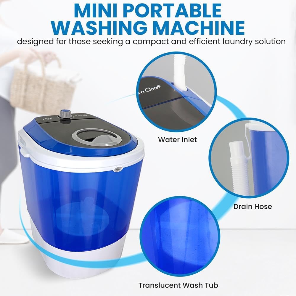 Pyle Upgraded Version Portable Washer - Top Loader Portable Laundry, Mini Washing Machine, Quiet Washer, Rotary Controller, 110V - For Compact Laundry, 4.5 Lbs. Capacity, Translucent Tubs