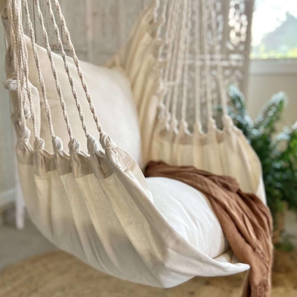 Hammock Swing Chair with Brown Wood Spreader, Indoor Hanging Chair for Bedroom, 58' L x 44' W, Cozy Reading Hanging Chair