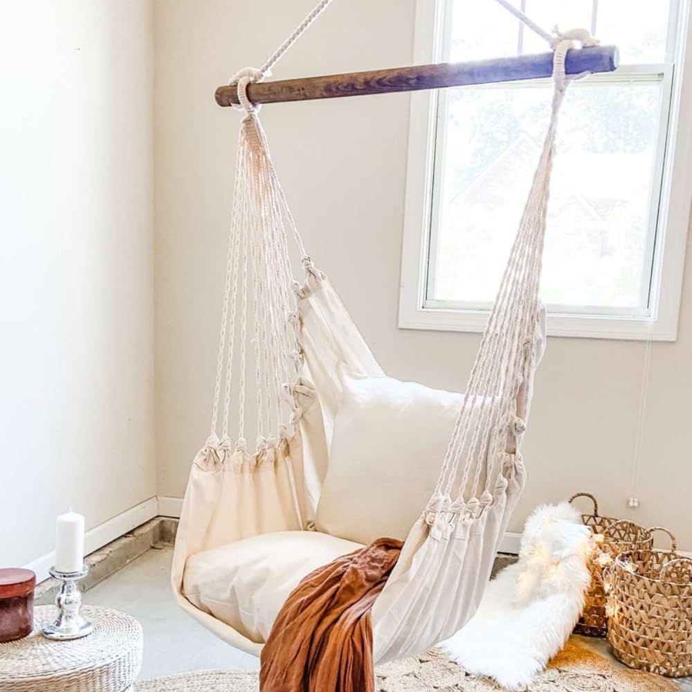 Hammock Swing Chair for Indoor Relaxation, 58' L x 44' W Hanging Chair, Cozy Bedroom Swing, Reading Hammock with Light Wood Spreader, Perfect for Home Decor.