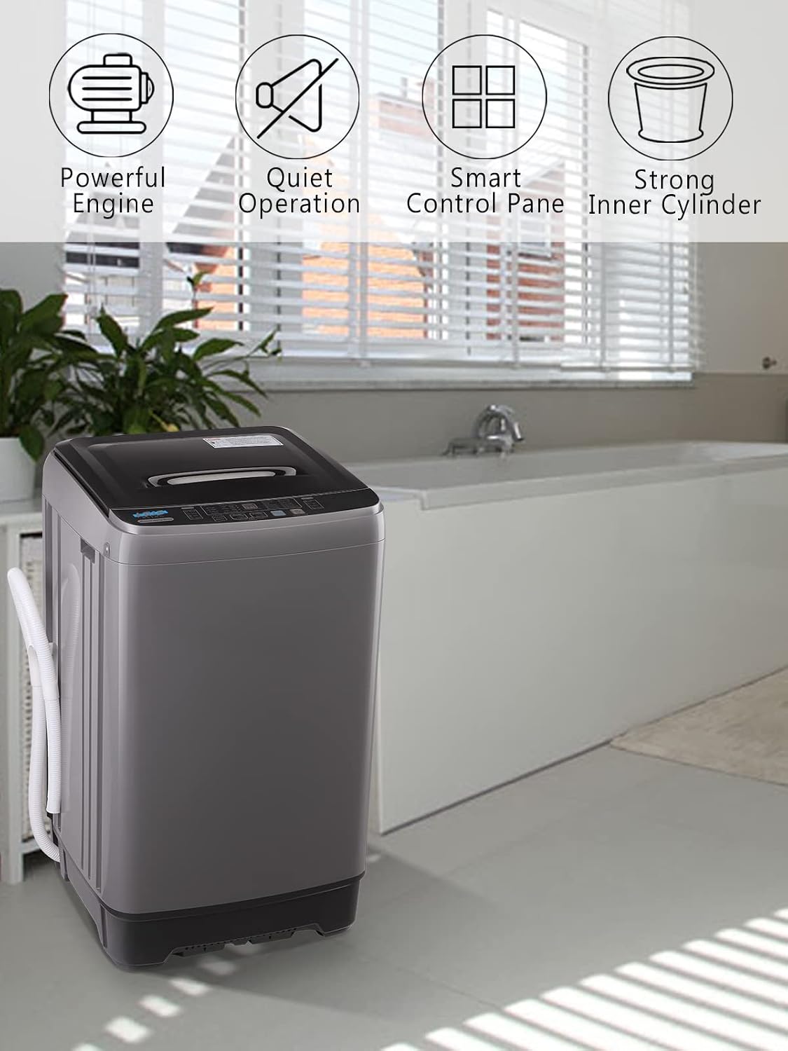 KRIB BLING Full-Automatic Washing Machine with Drain Pump, 17.7 lbs Compact Washer, 10 Wash Program & 8 Water Level, Ideal for Apartment, Dorm, RV, GREY (KB02-GREY6)