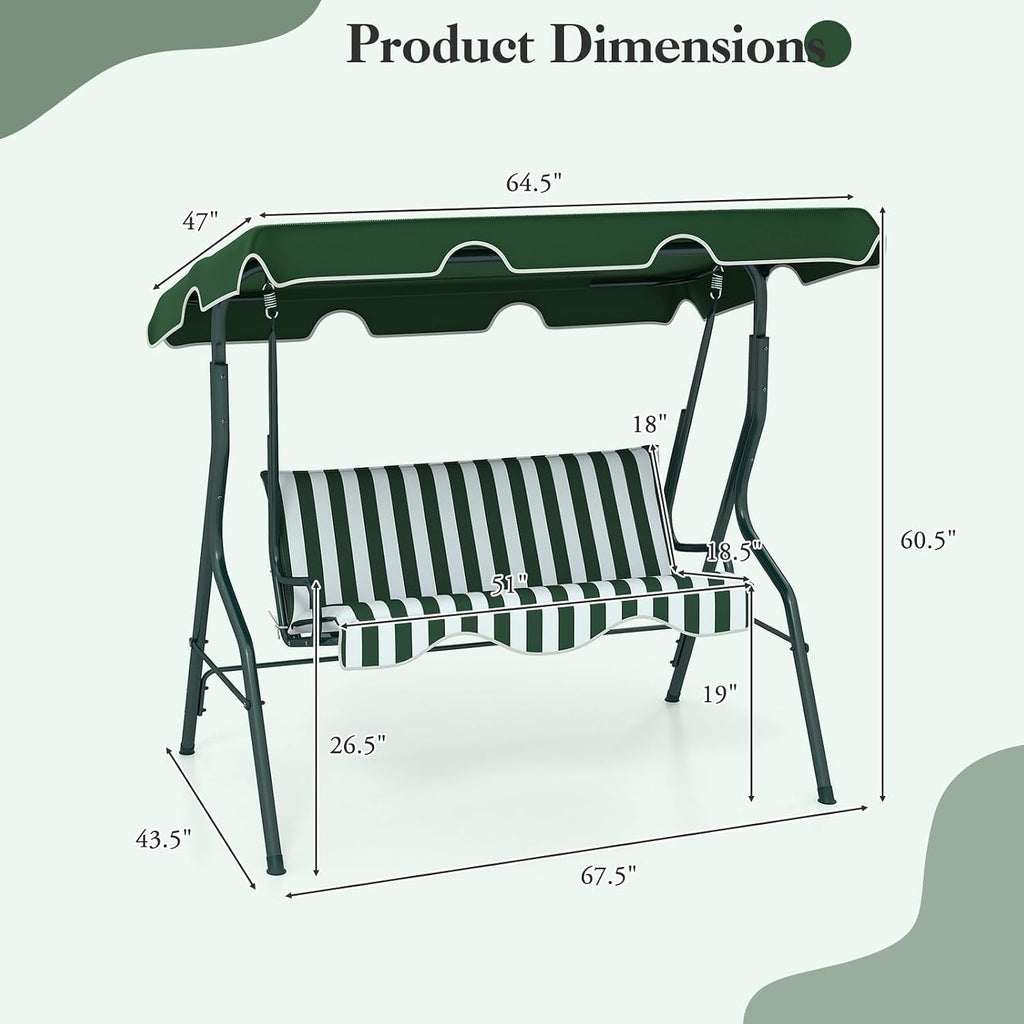 DREAMADE Porch Swing Outdoor, 3 Person Patio Swing w/Removable Cushion, Stand & Adjustable Canopy, Heavy Duty Swing Chair for Patio, Garden, Courtyard, Poolside